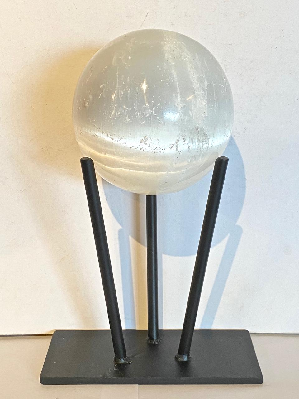 Crystal Large Selenite Sphere on Custom Iron Stand