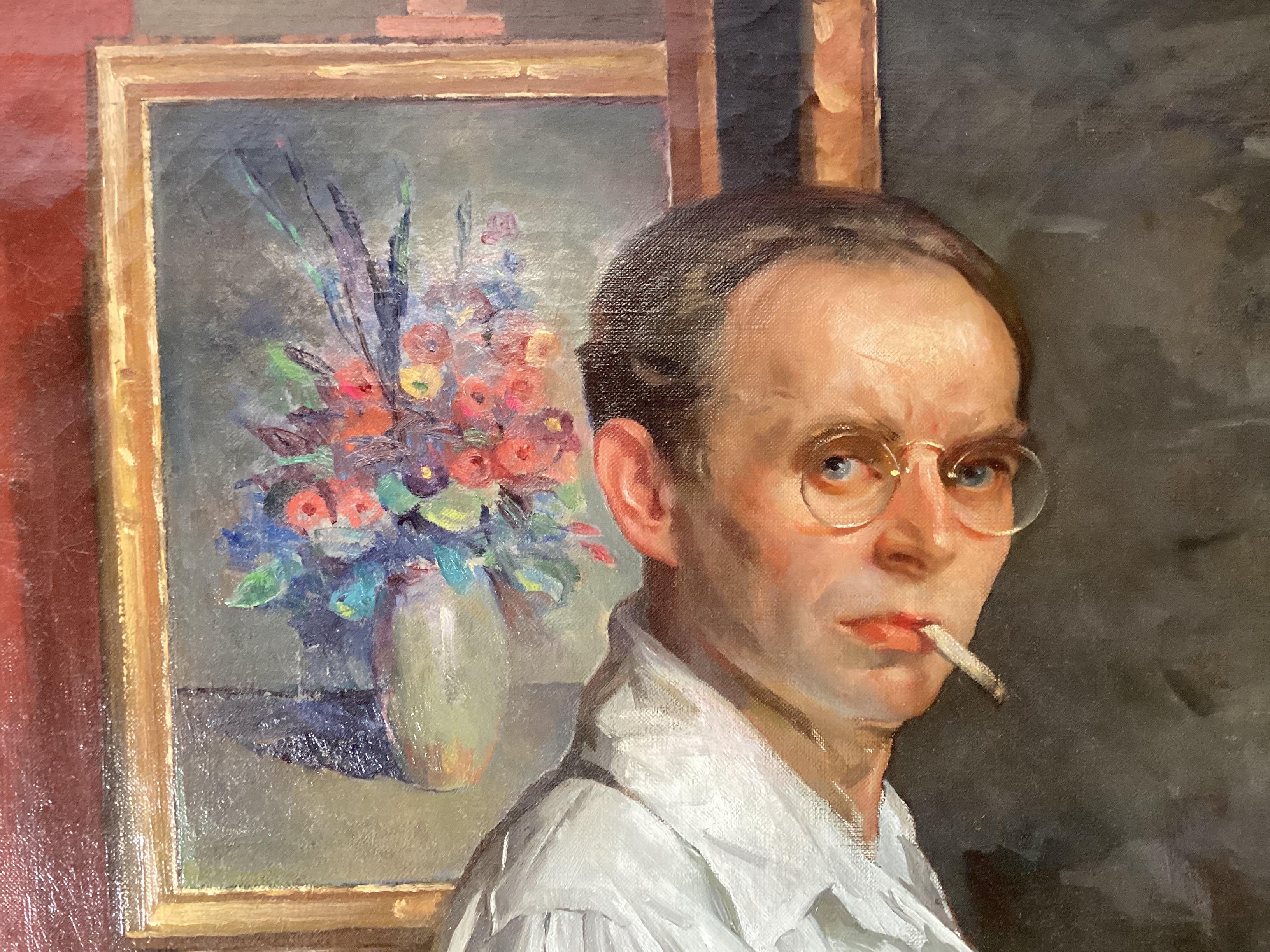 A self portrait of Maurice Molarsky (1885-1950) painted in 1925  This very large portrait measures 54 inches high, 52 inches wide, with a period Harer black and giltwood frame.  Maurice Molarsky (also Morris Molarsky; May 25, 1885 -- January 1,
