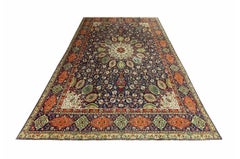 Large Semi Antique Rug Oriental Carpet Handwoven Blue Wool Living Room Rug