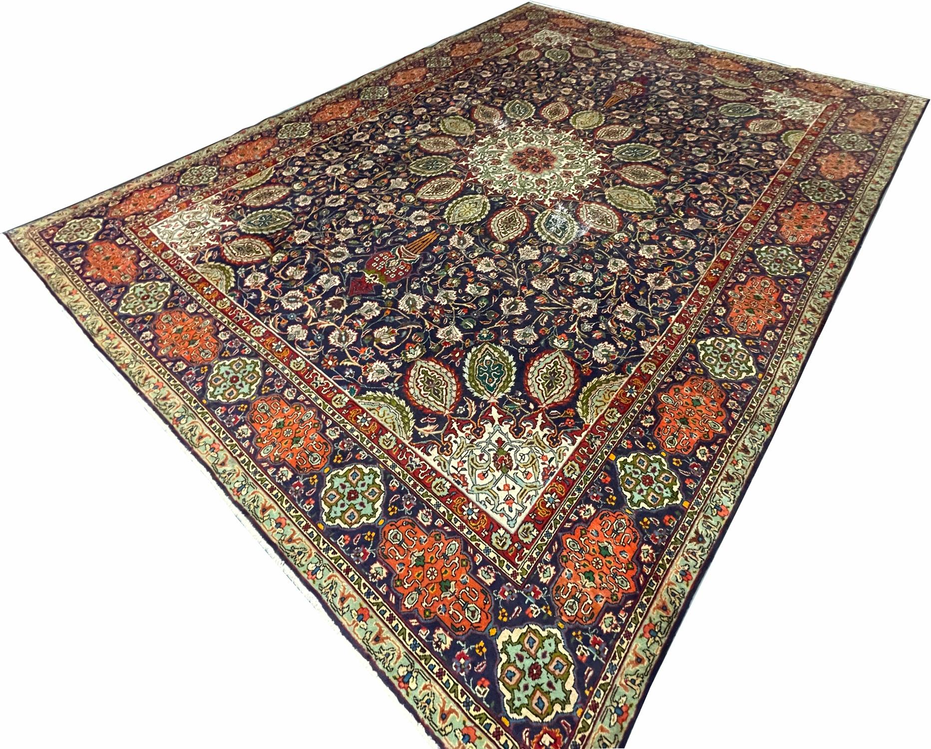 Großer halb antiker orientalischer Teppich aus handgewebter blauer Wolle, Wohnzimmerteppich (Art déco) im Angebot