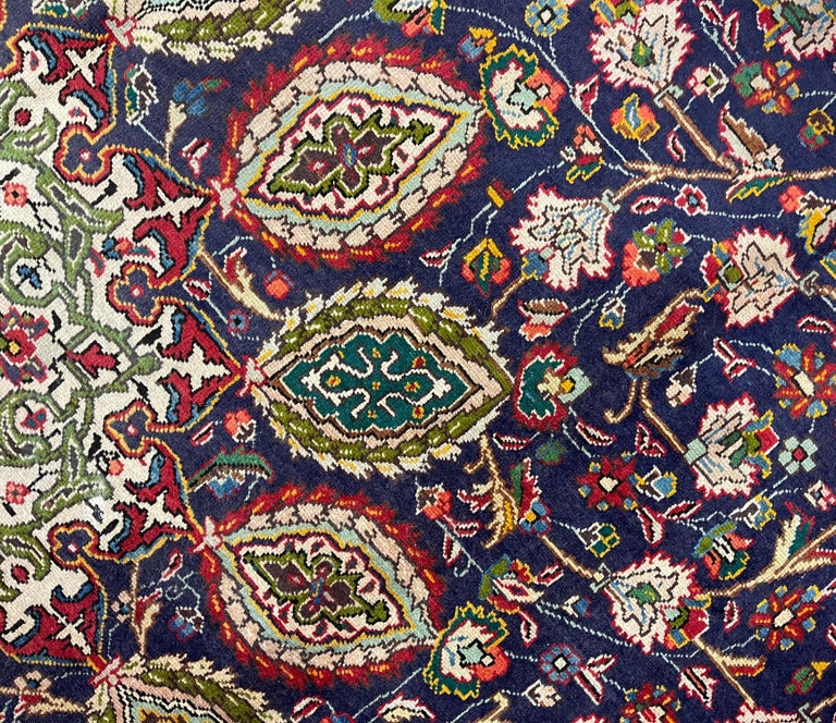 Grand Tapis Oriental Vintage Bleu Et Gris - Laine Nouée Main - 410x290 Cm