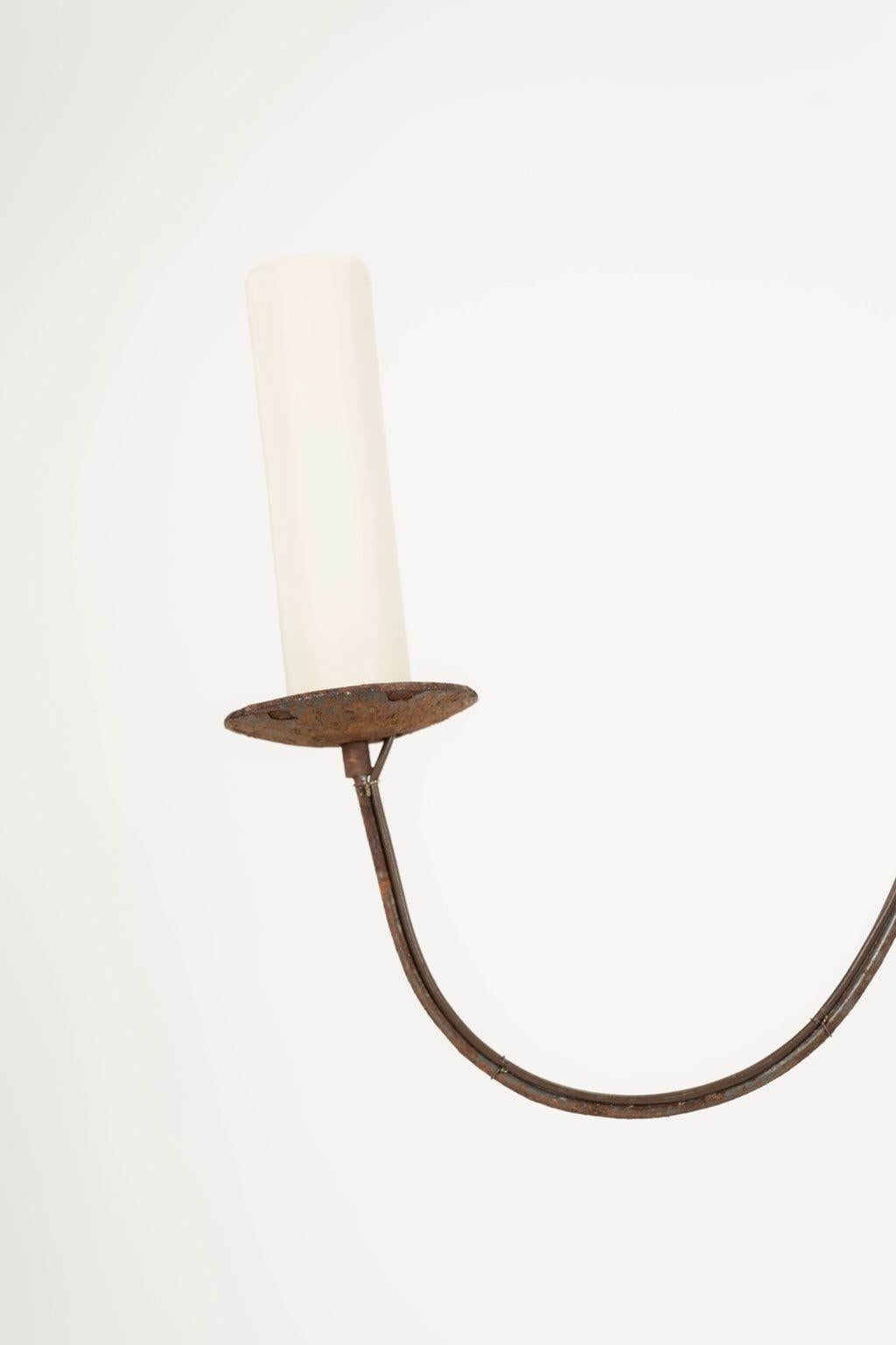Large Semi-Bleached Hand-Carved Wood and Steel Six-Arm Chandelier 4