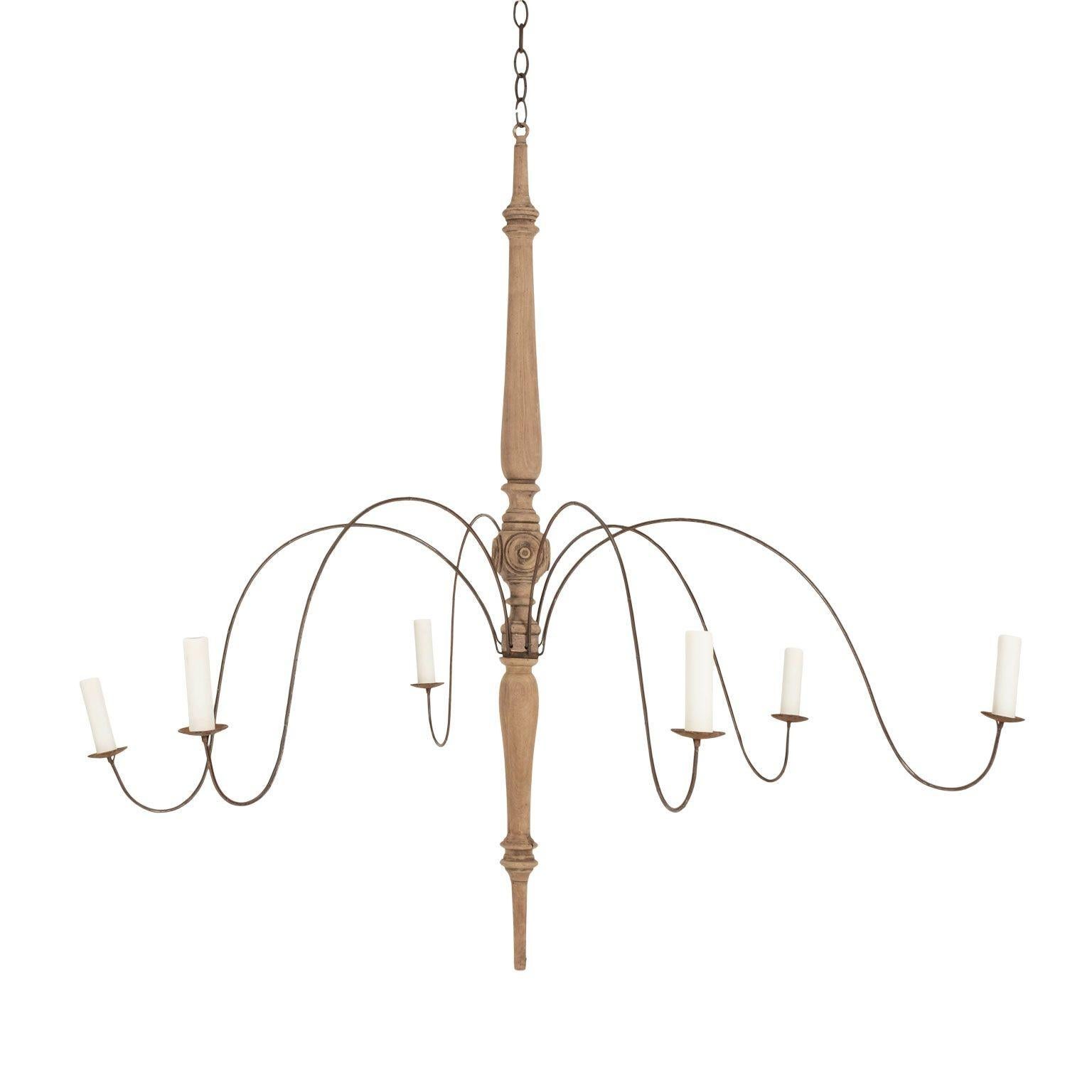 Large Semi-Bleached Hand-Carved Wood and Steel Six-Arm Chandelier 5