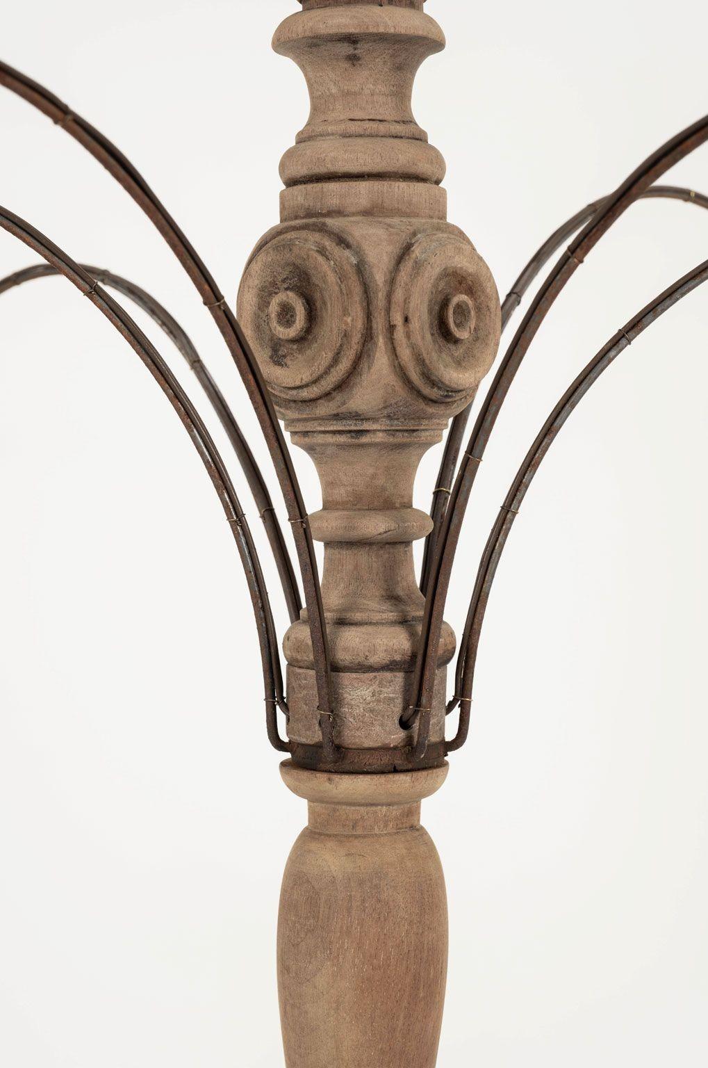 French Provincial Large Semi-Bleached Hand-Carved Wood and Steel Six-Arm Chandelier