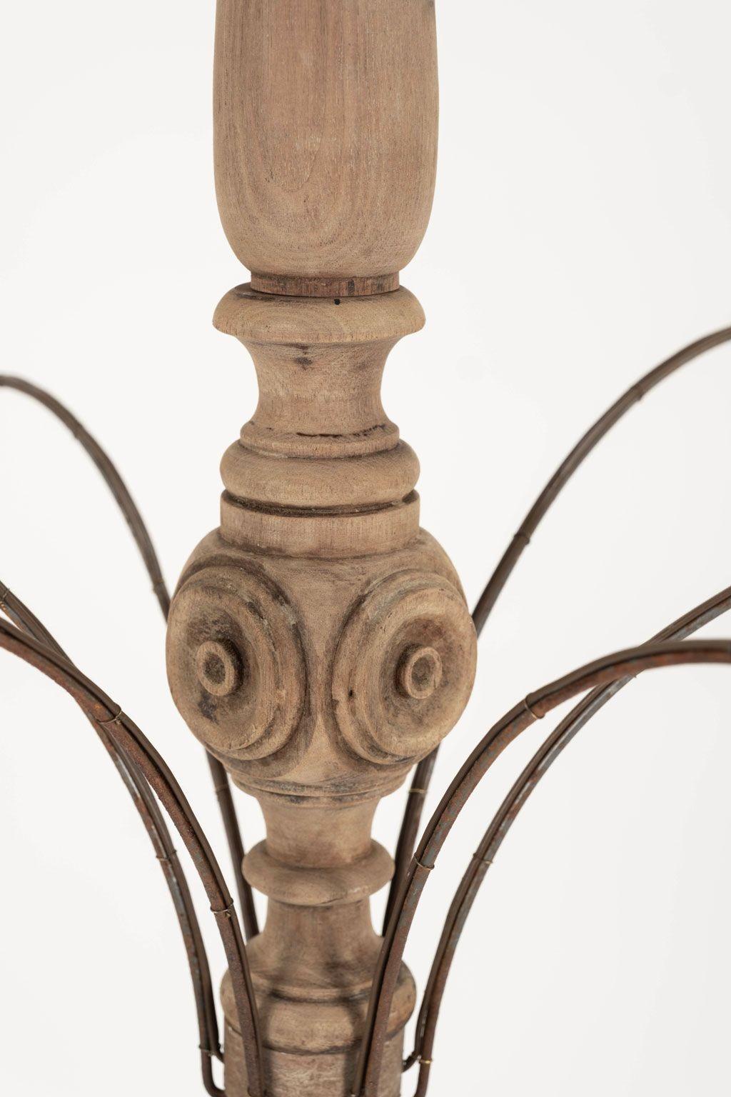 Large Semi-Bleached Hand-Carved Wood and Steel Six-Arm Chandelier 1