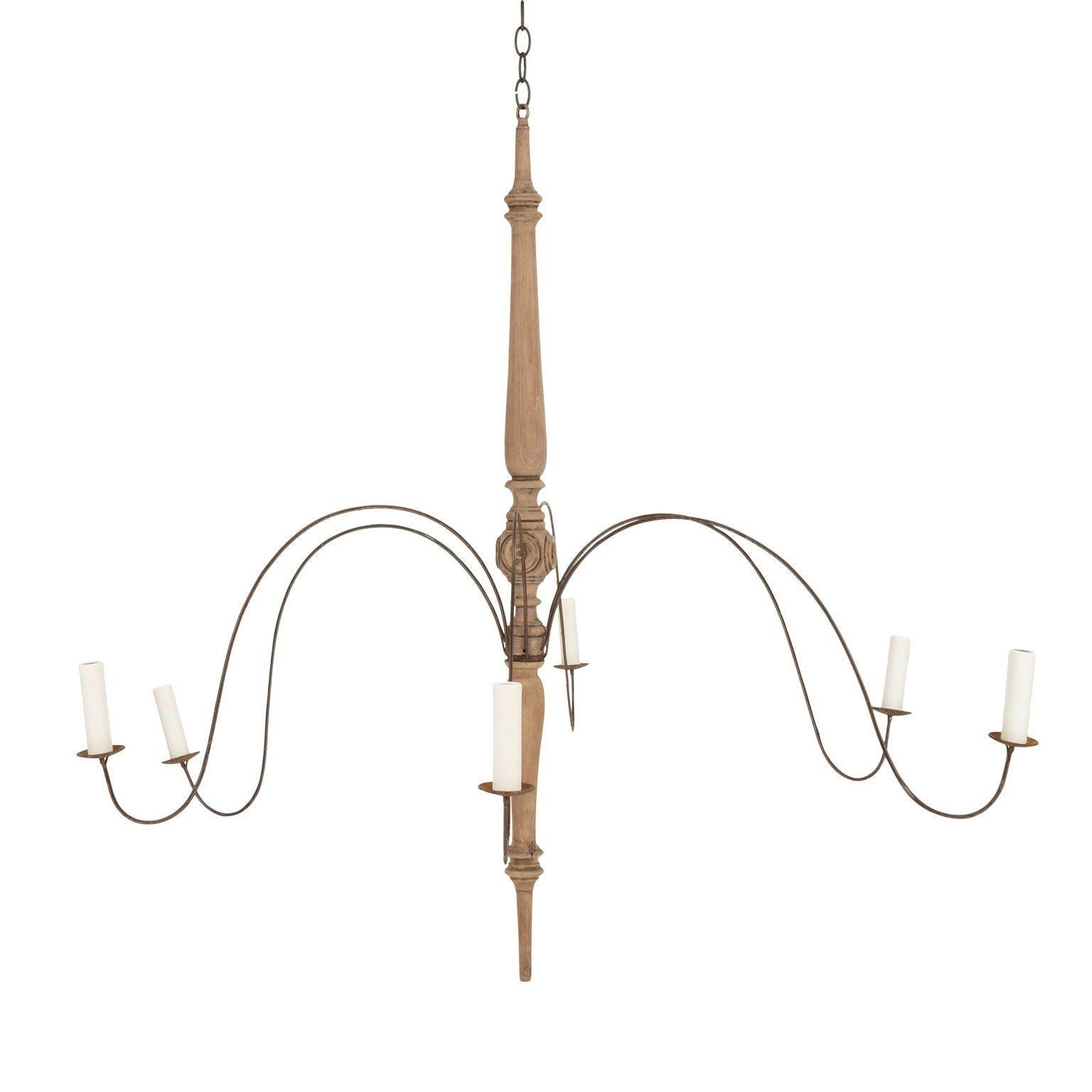 Large Semi-Bleached Hand-Carved Wood and Steel Six-Arm Chandelier 3