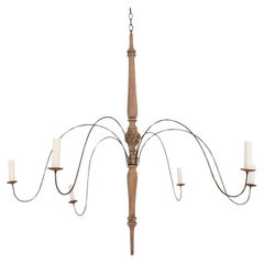 Large Semi-Bleached Hand-Carved Wood and Steel Six-Arm Chandelier