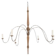 Grand lustre à six bras en bois et acier sculpté à la main