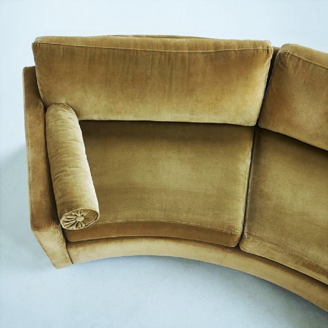 Clean, Minimalist two-piece semi circular sofa, model no 825 designed by Milo Baughman for Thayer Coggin, circa 1968. Comfortable deep seats and low slung profile. Newly upholstered in velvet with loose back and seat cushions resting on dark stained