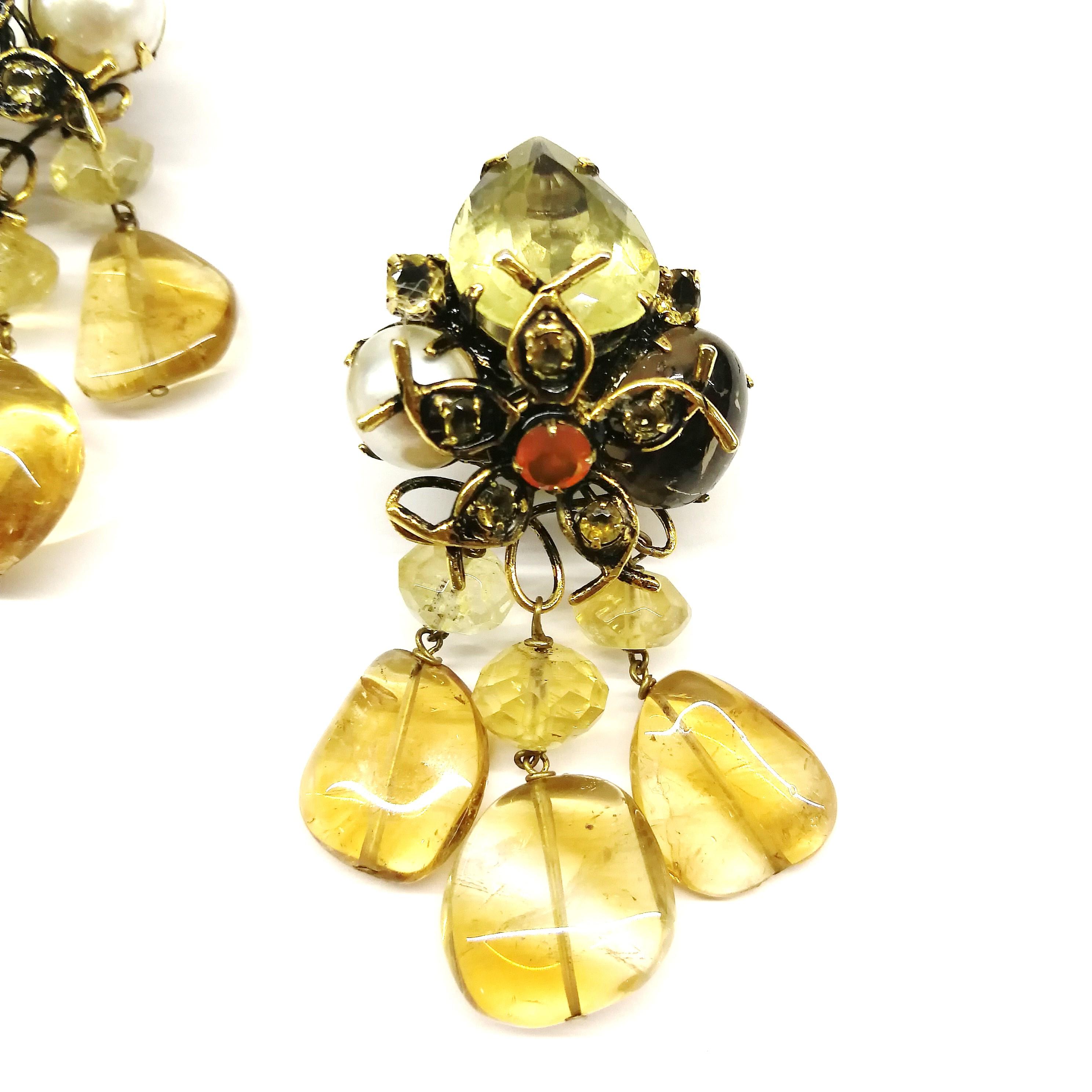 Large semi precious 'floral' drop earrings, Iradj Moini, USA, 1980s In Good Condition In Greyabbey, County Down