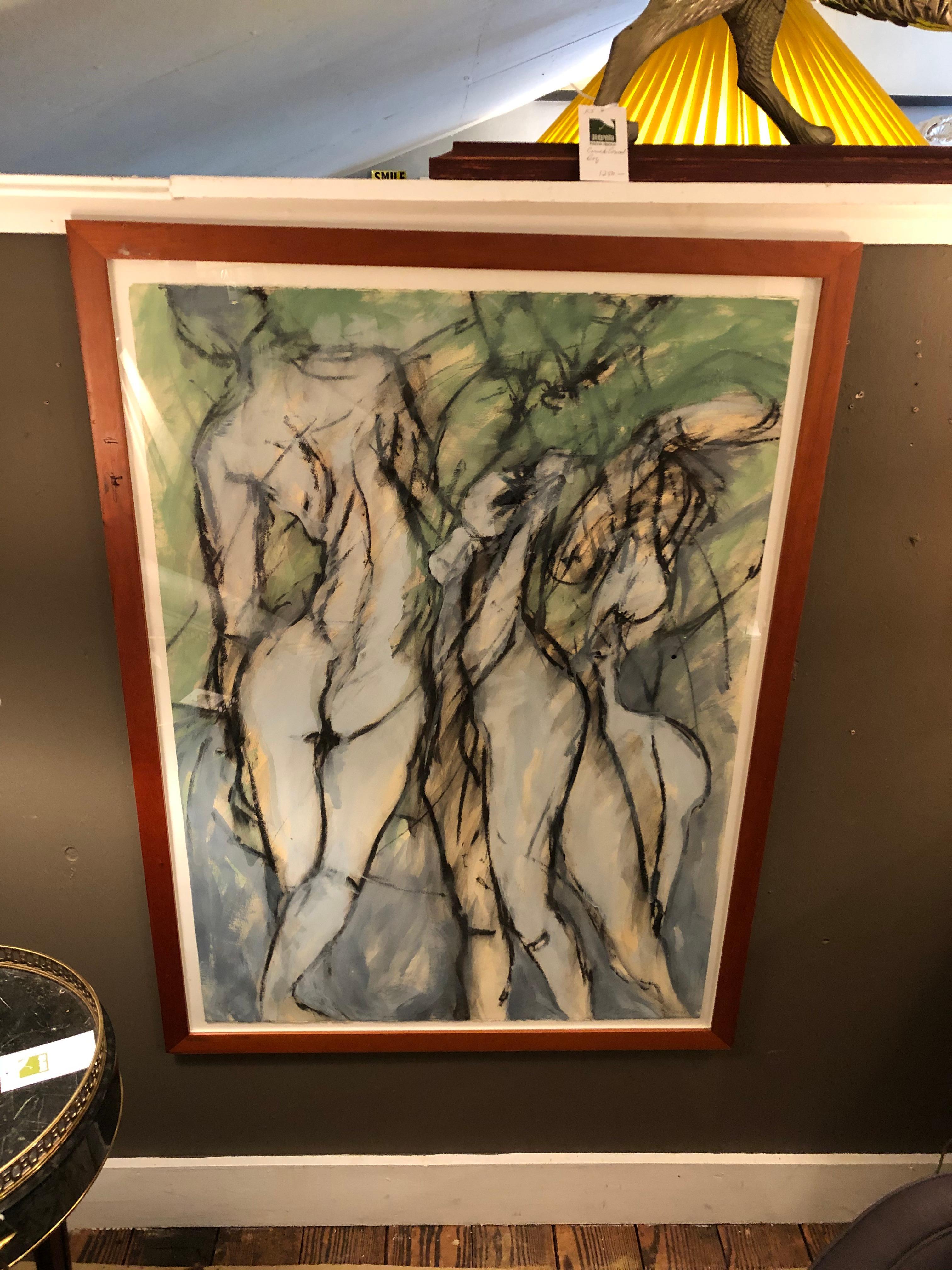 Sensual large painting on paper of figural abstract female nudes by listed artist Gary Welton. In his own words: 
 I start with the gesture and let it evolve. I draw and paint directly on paper and canvas first using acrylic and oils, then applying