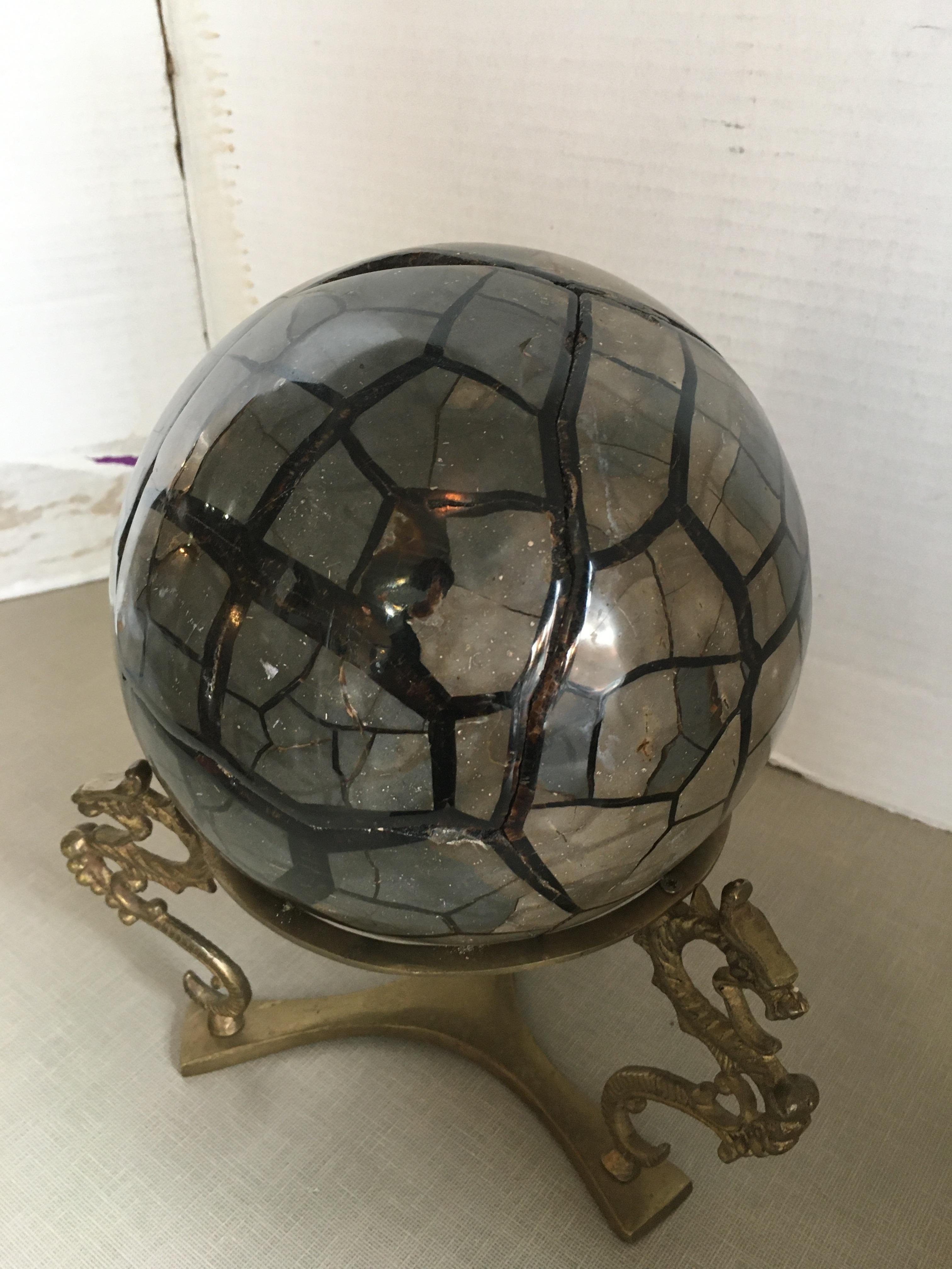 20th Century Large Septarian Orb on Brass Base