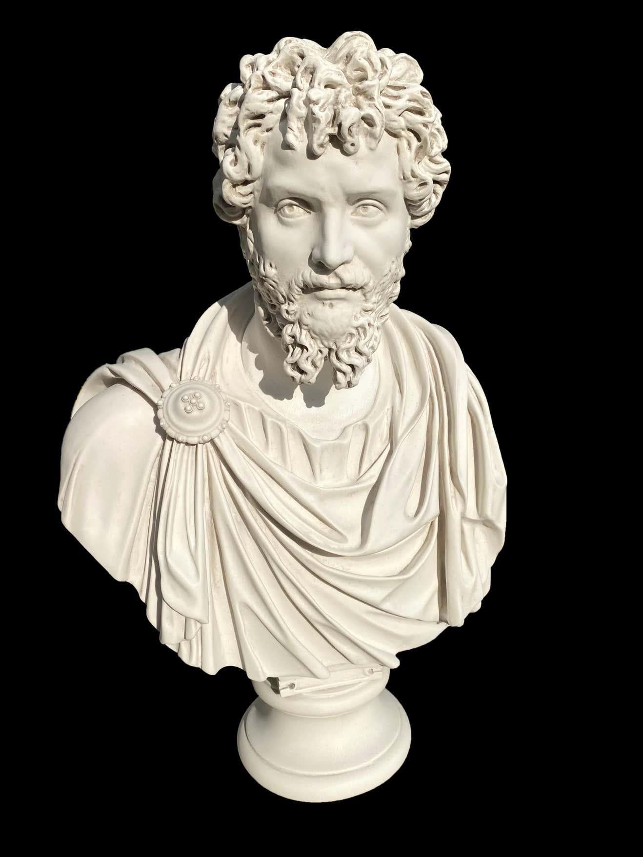 Septimius Severus a bust sculpture with toga drapery, 20th century.

This large library bust is after the marble original in the museum de Capitolini, Rome. This model was also used in the making of the film Gladiator. Septimus Severus was Roman