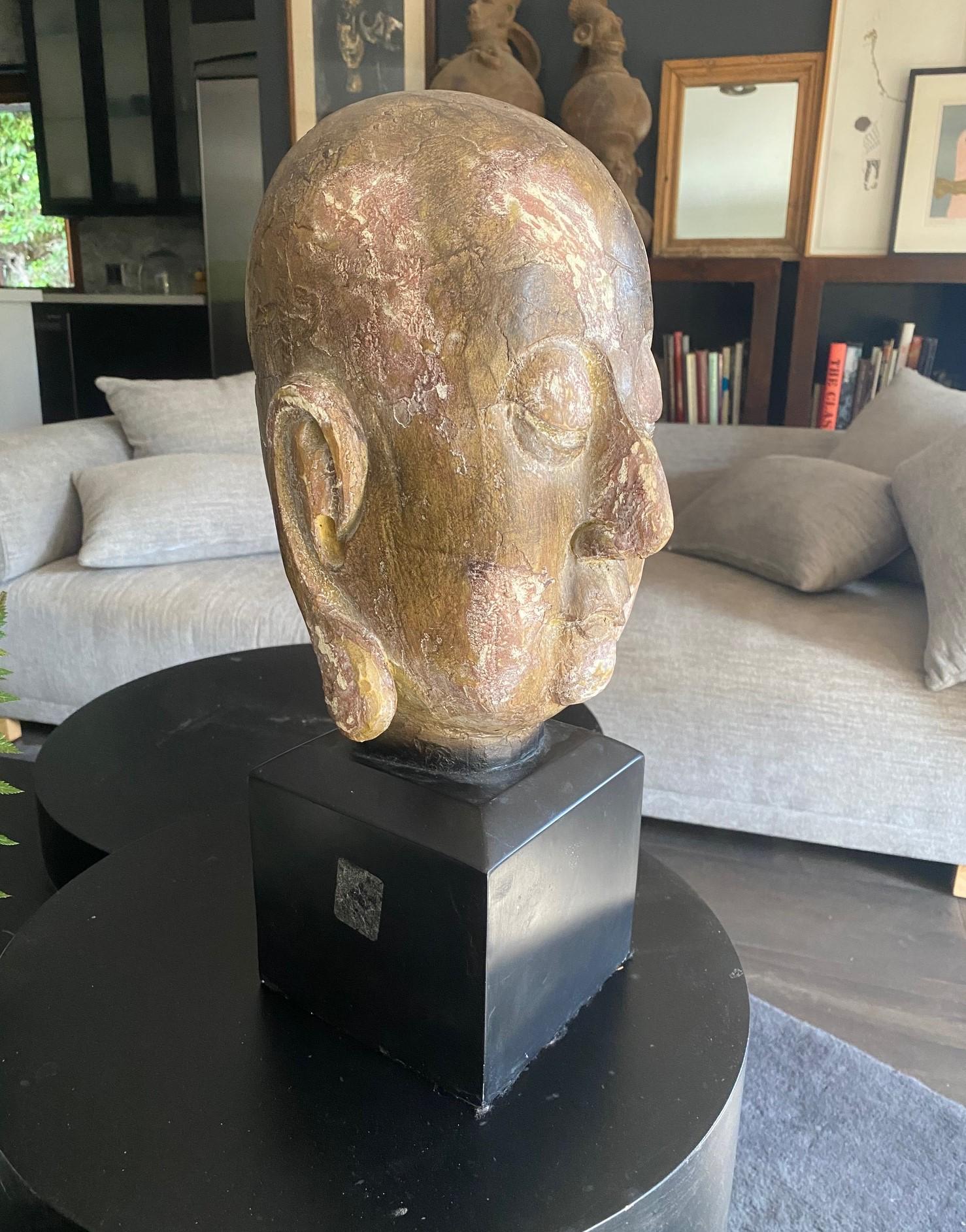 Gran Busto Asiático Sereno de Cabeza de Buda Tallada en Madera sobre Soporte de Exhibición en venta 7