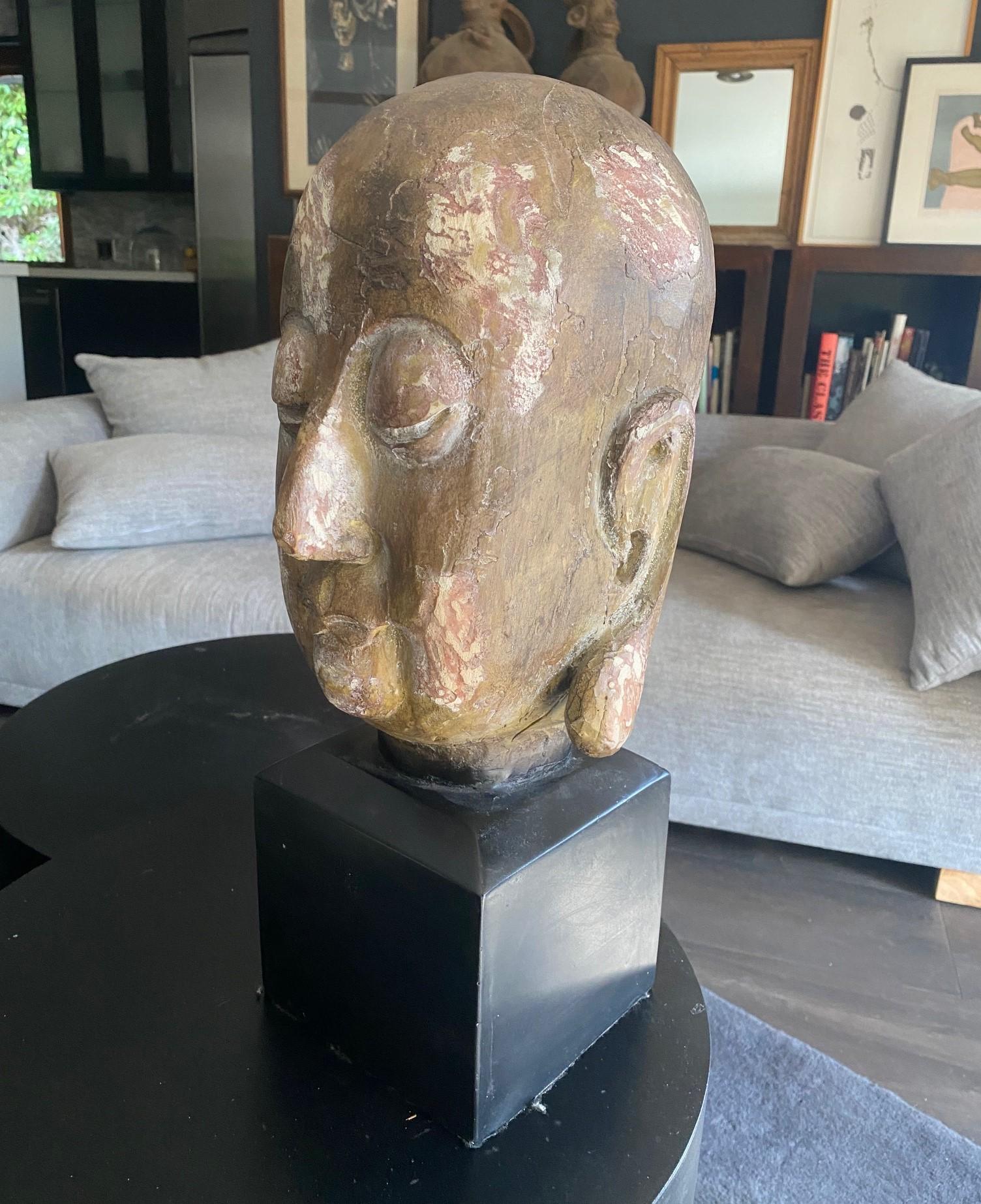 Gran Busto Asiático Sereno de Cabeza de Buda Tallada en Madera sobre Soporte de Exhibición en venta 1