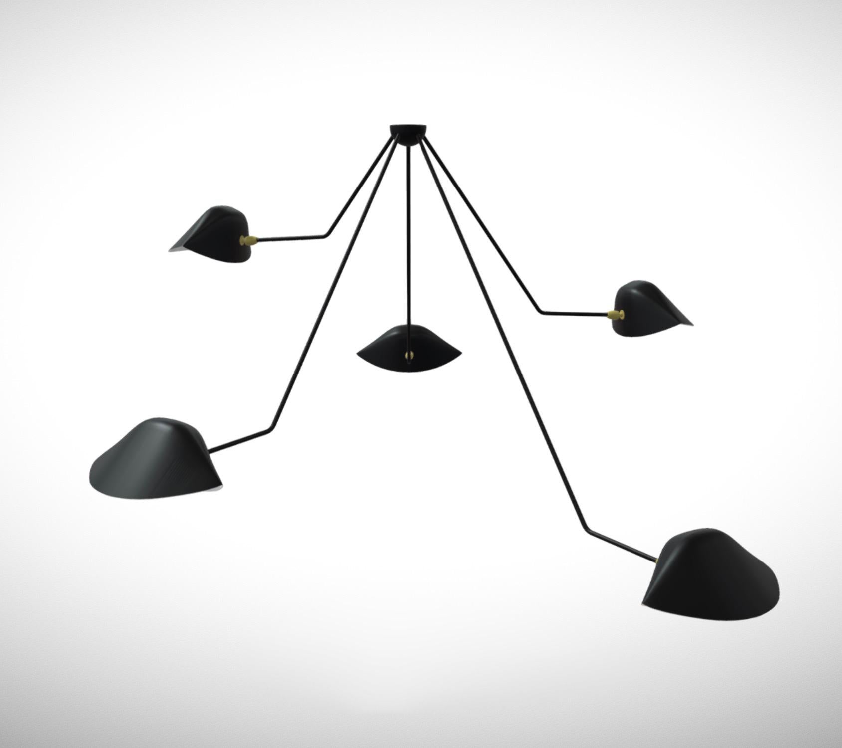 Mid-Century Modern Large Serge Mouille 'Plafonnier Araignée 5 Bras Cassés' Ceiling Lamp in Black For Sale