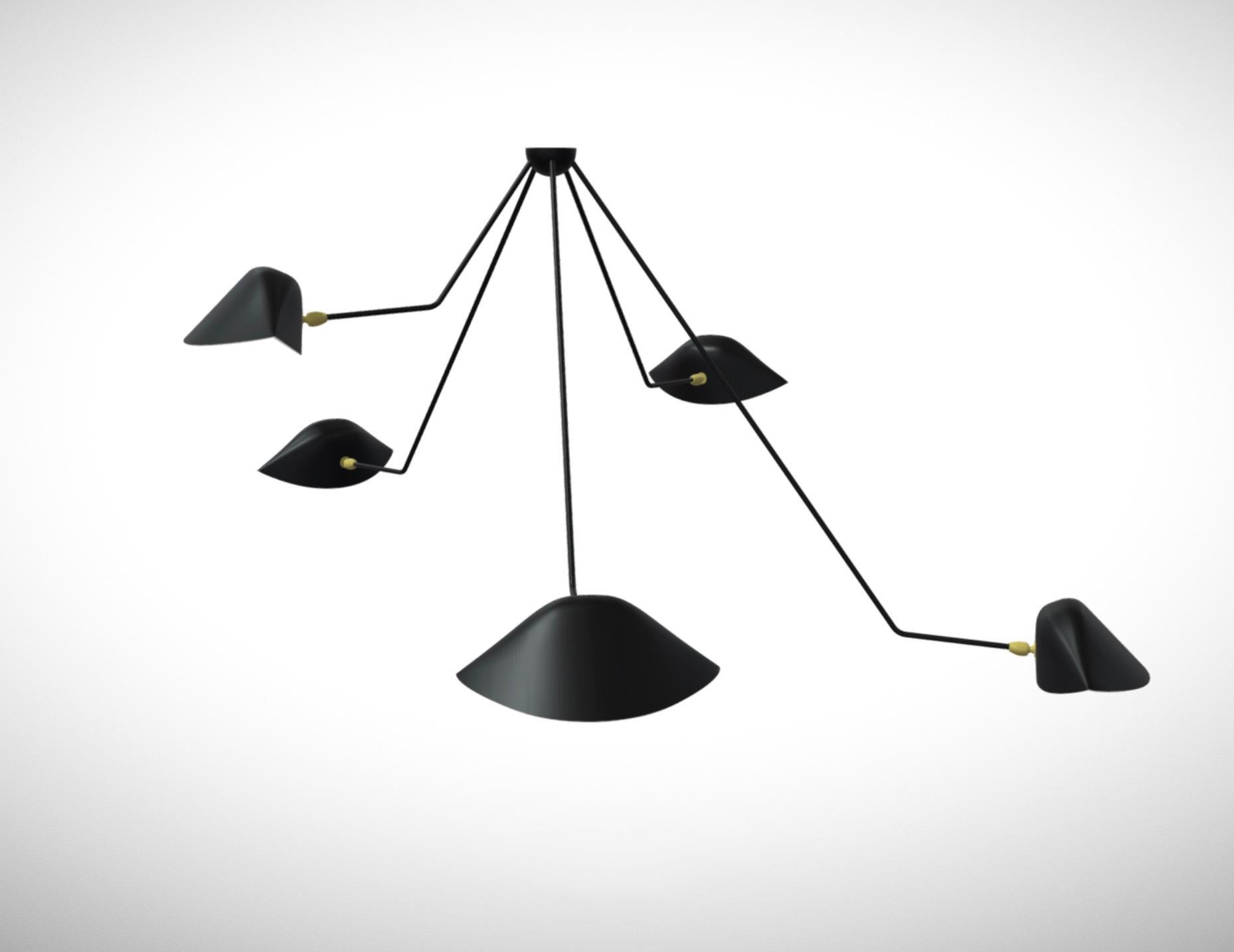 French Large Serge Mouille 'Plafonnier Araignée 5 Bras Cassés' Ceiling Lamp in Black For Sale