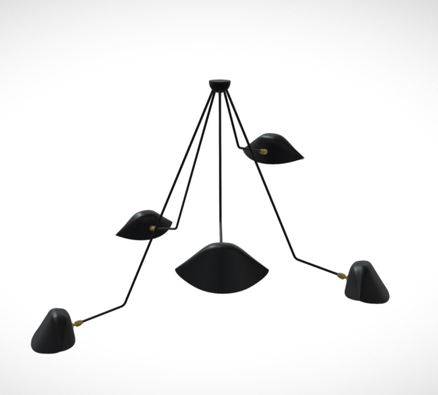 Painted Large Serge Mouille 'Plafonnier Araignée 5 Bras Cassés' Ceiling Lamp in Black For Sale