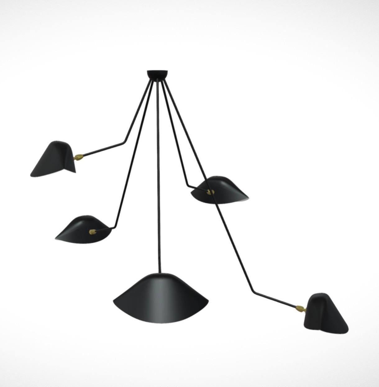Large Serge Mouille 'Plafonnier Araignée 5 Bras Cassés' Ceiling Lamp in Black In New Condition For Sale In Glendale, CA