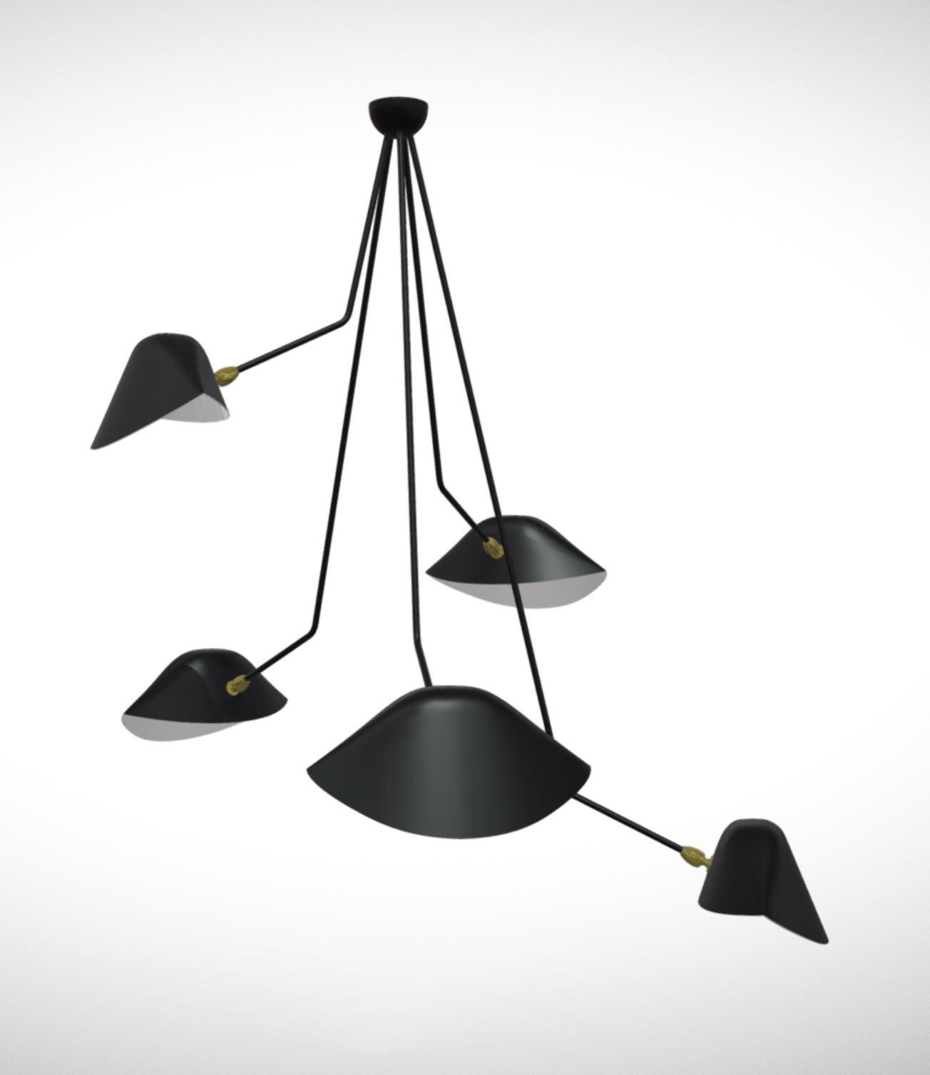 Contemporary Large Serge Mouille 'Plafonnier Araignée 5 Bras Cassés' Ceiling Lamp in Black For Sale
