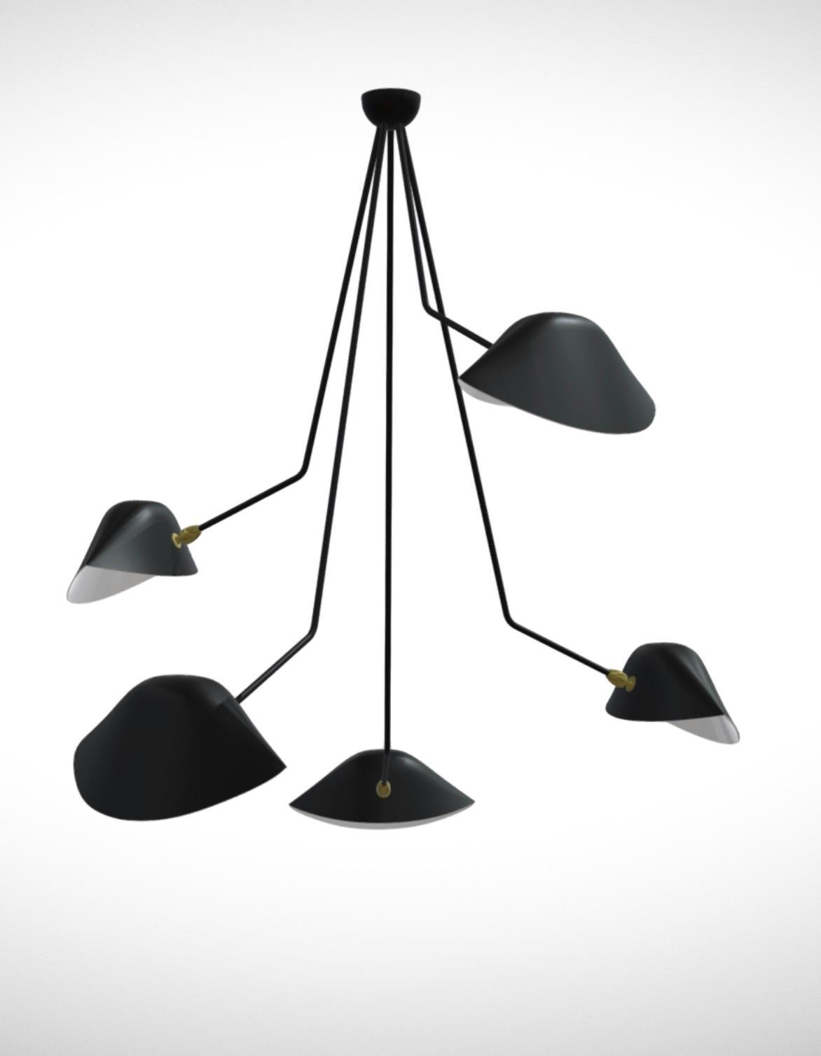 Aluminum Large Serge Mouille 'Plafonnier Araignée 5 Bras Cassés' Ceiling Lamp in Black For Sale