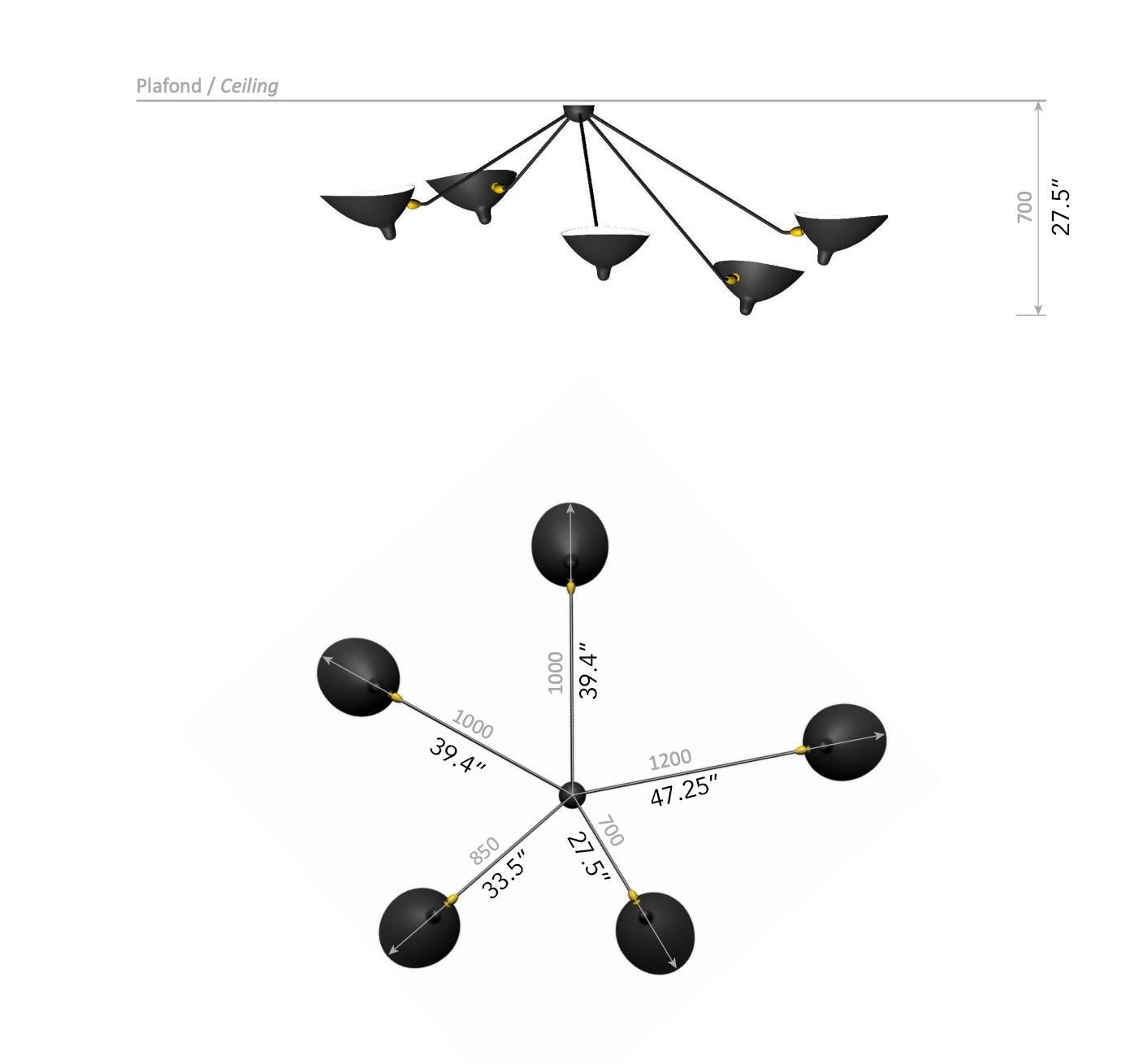 Large Serge Mouille 'Plafonnier Araignée 5 Bras Fixes' Ceiling Lamp in Black For Sale 2