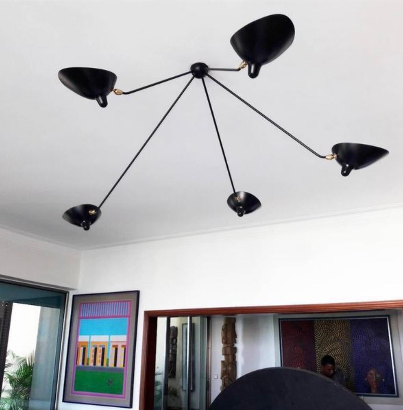Mid-Century Modern Large Serge Mouille 'Plafonnier Araignée 5 Bras Fixes' Ceiling Lamp in Black For Sale