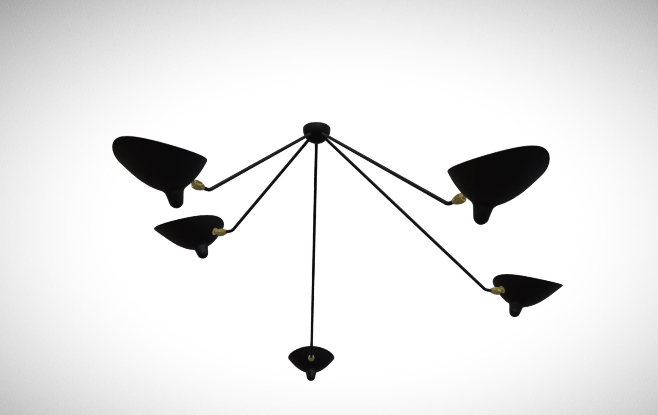 Aluminum Large Serge Mouille 'Plafonnier Araignée 5 Bras Fixes' Ceiling Lamp in Black For Sale