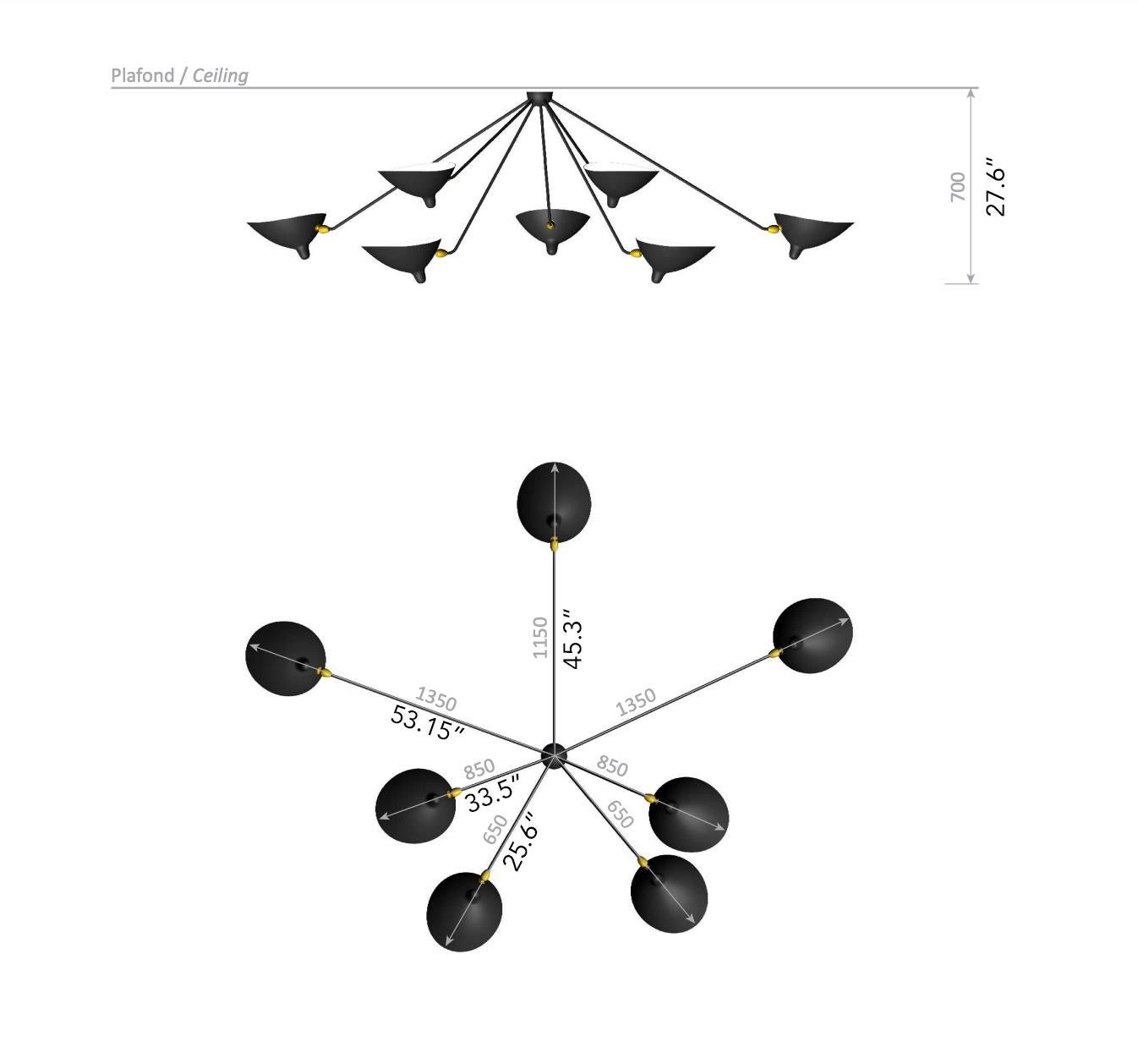 Large Serge Mouille 'Plafonnier Araignée 7 Bras Fixes' Ceiling Lamp in Black For Sale 10