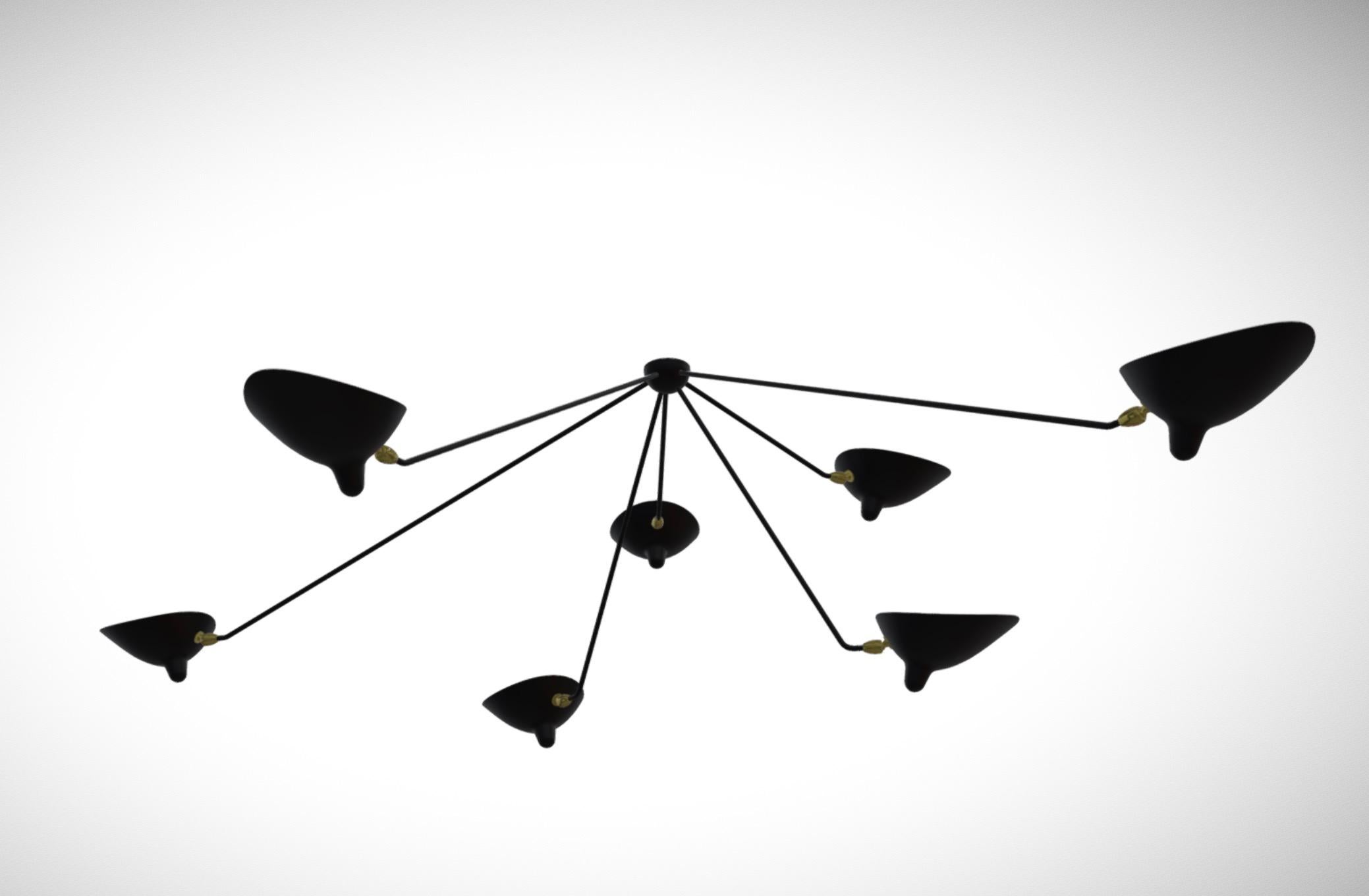 Aluminum Large Serge Mouille 'Plafonnier Araignée 7 Bras Fixes' Ceiling Lamp in Black For Sale