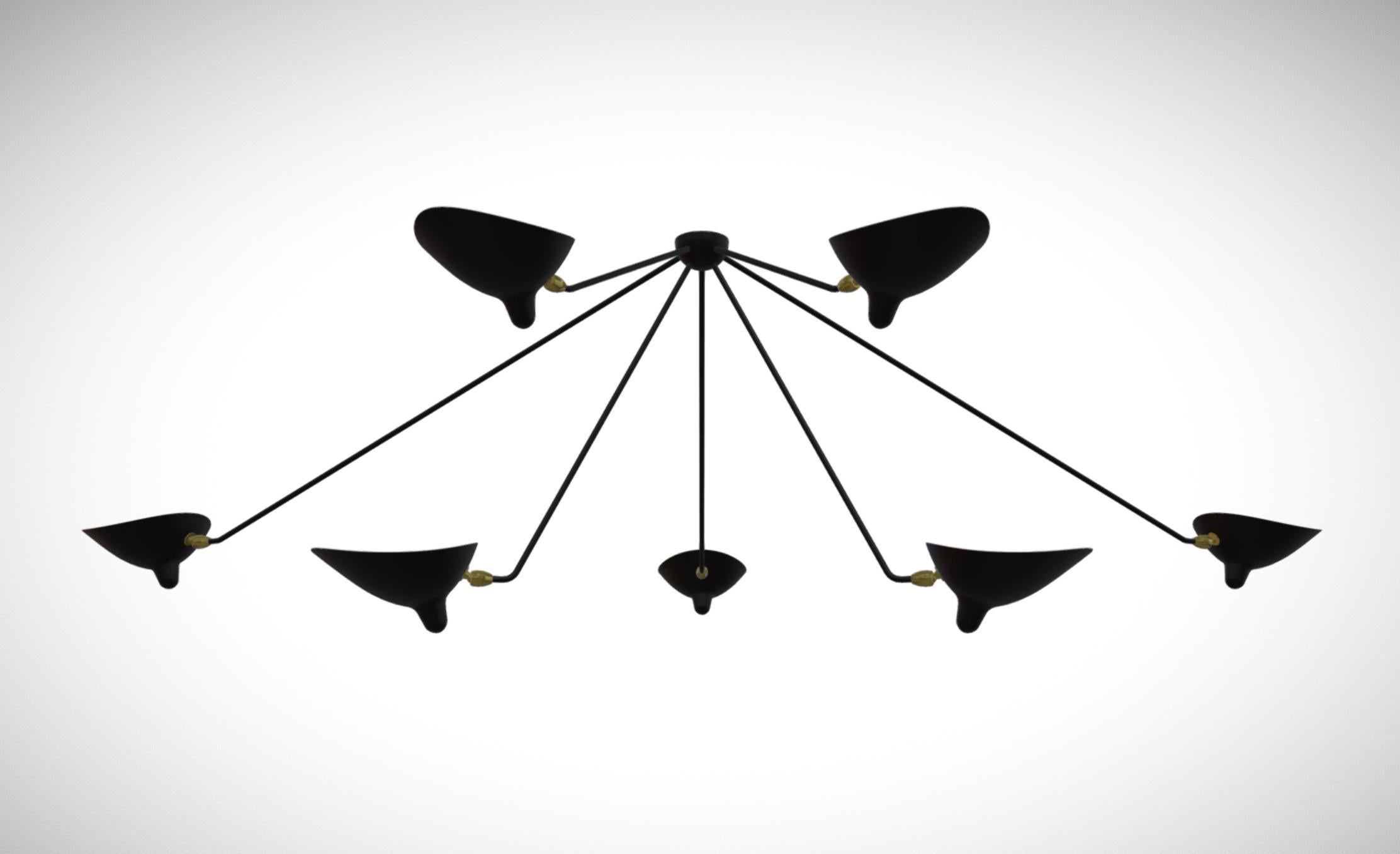 Large Serge Mouille 'Plafonnier Araignée 7 Bras Fixes' Ceiling Lamp in Black For Sale 1