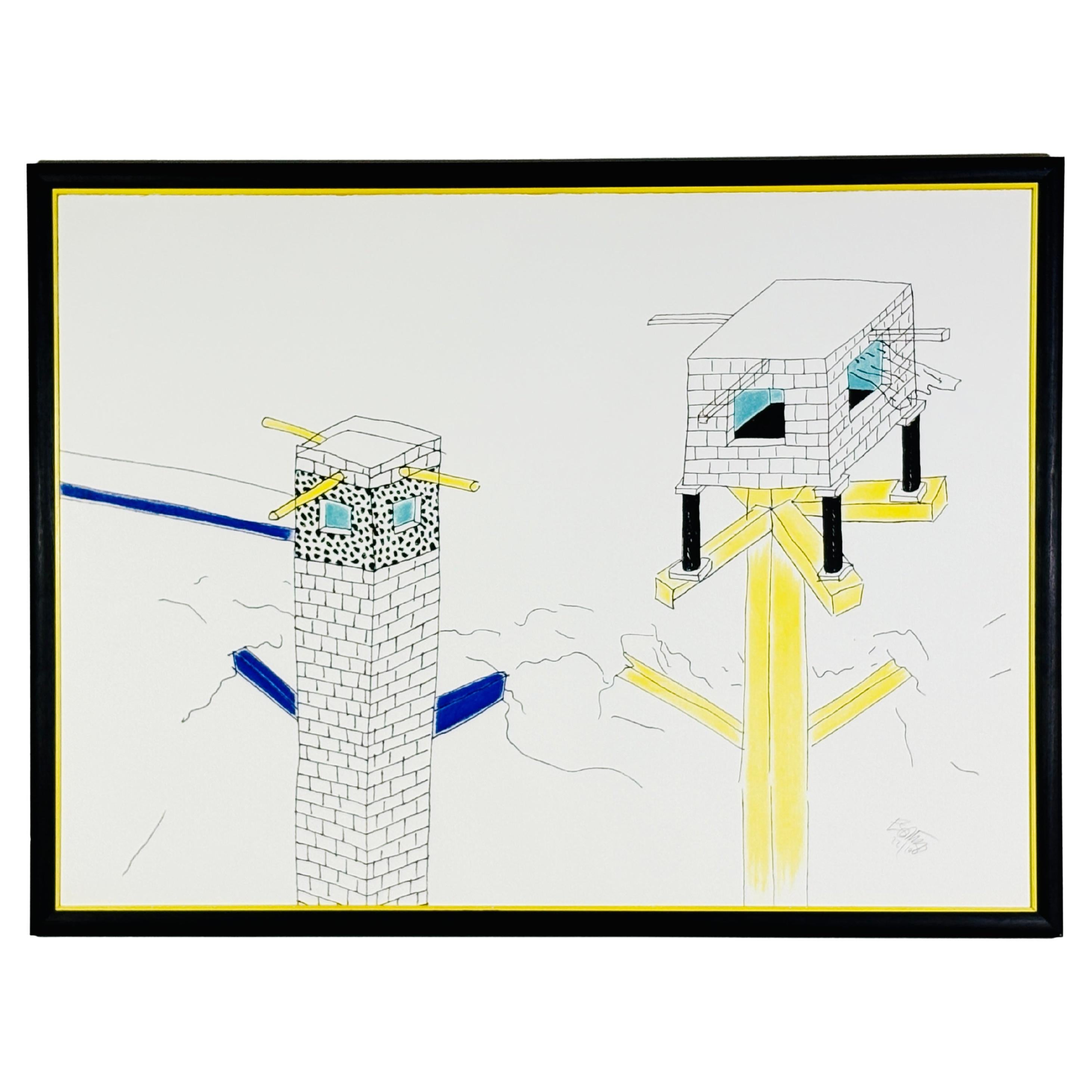 Gran serigrafía (estudio arquitectónico) de Ettore Sottsass, 1987