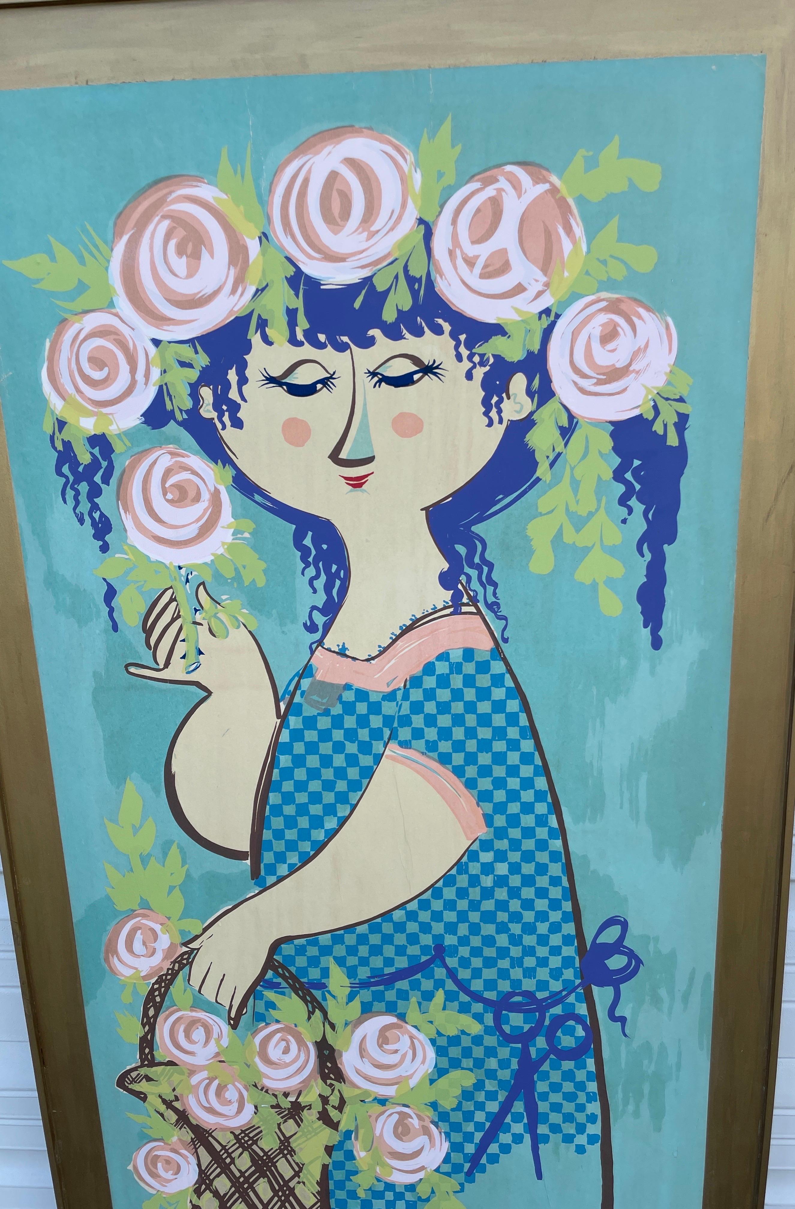 Vintage large serigraph depicting a female with flowers in her hair carrying a basket of flowers by Bjorn Winblad.