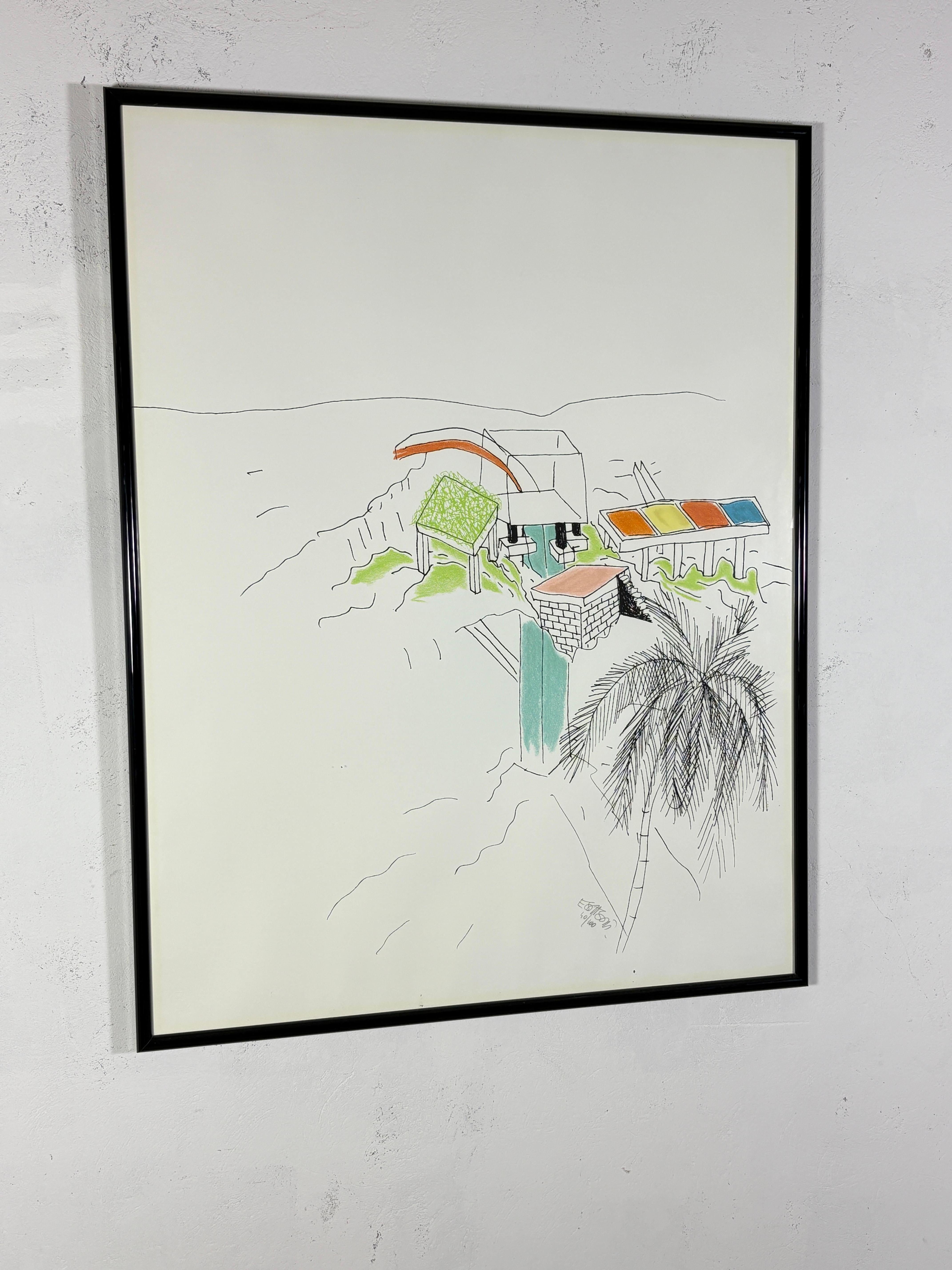 Large serigraph „senza titolo“ (architectural study) by Ettore Sottsass  1986 For Sale 1