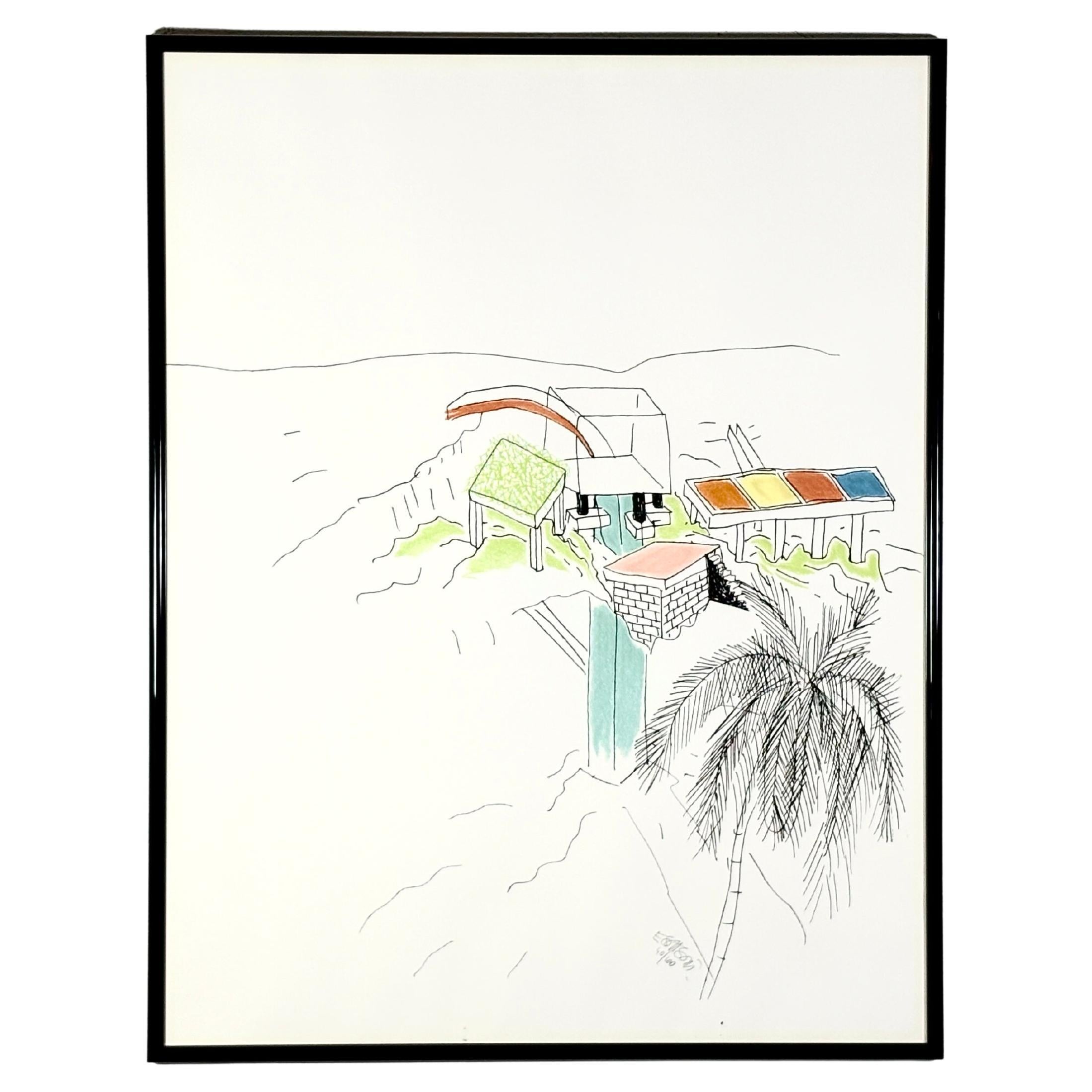 Gran serigrafía "senza titolo" (estudio arquitectónico) de Ettore Sottsass  1986