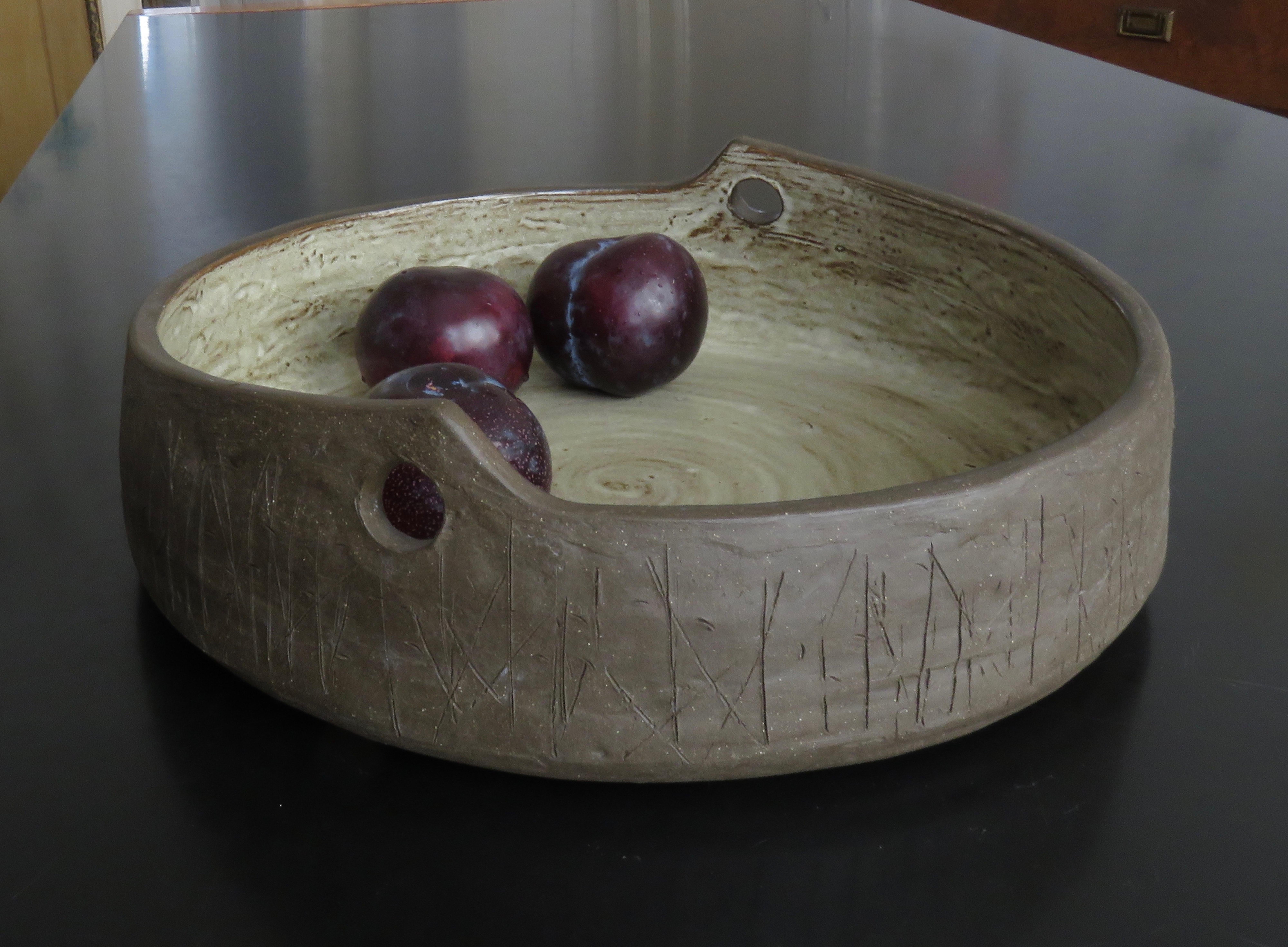 Large Serving Bowl, Brown Clay with Portholes and Glazed Interior, Hand Built  4