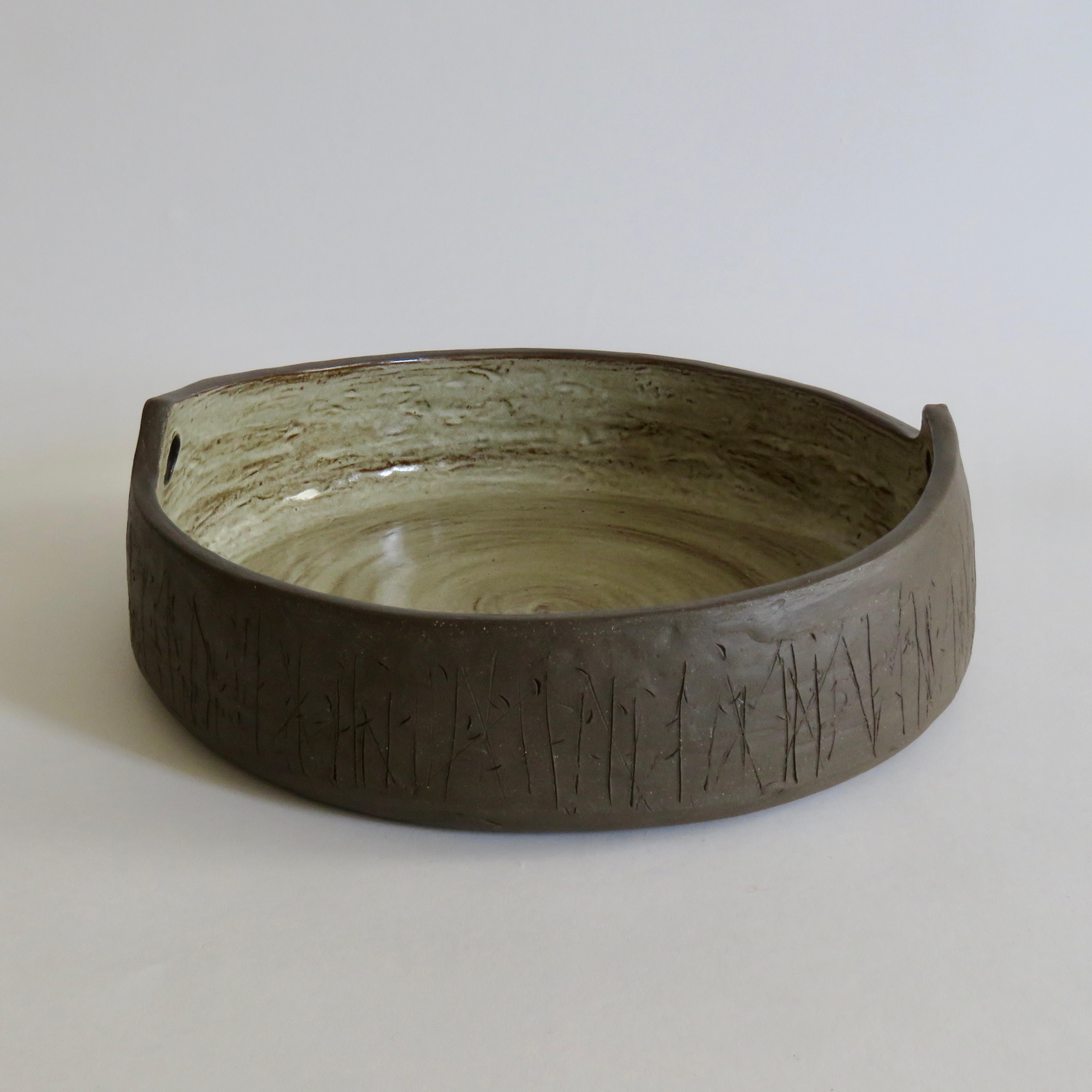 Contemporary Large Serving Bowl, Brown Clay with Portholes and Glazed Interior, Hand Built 