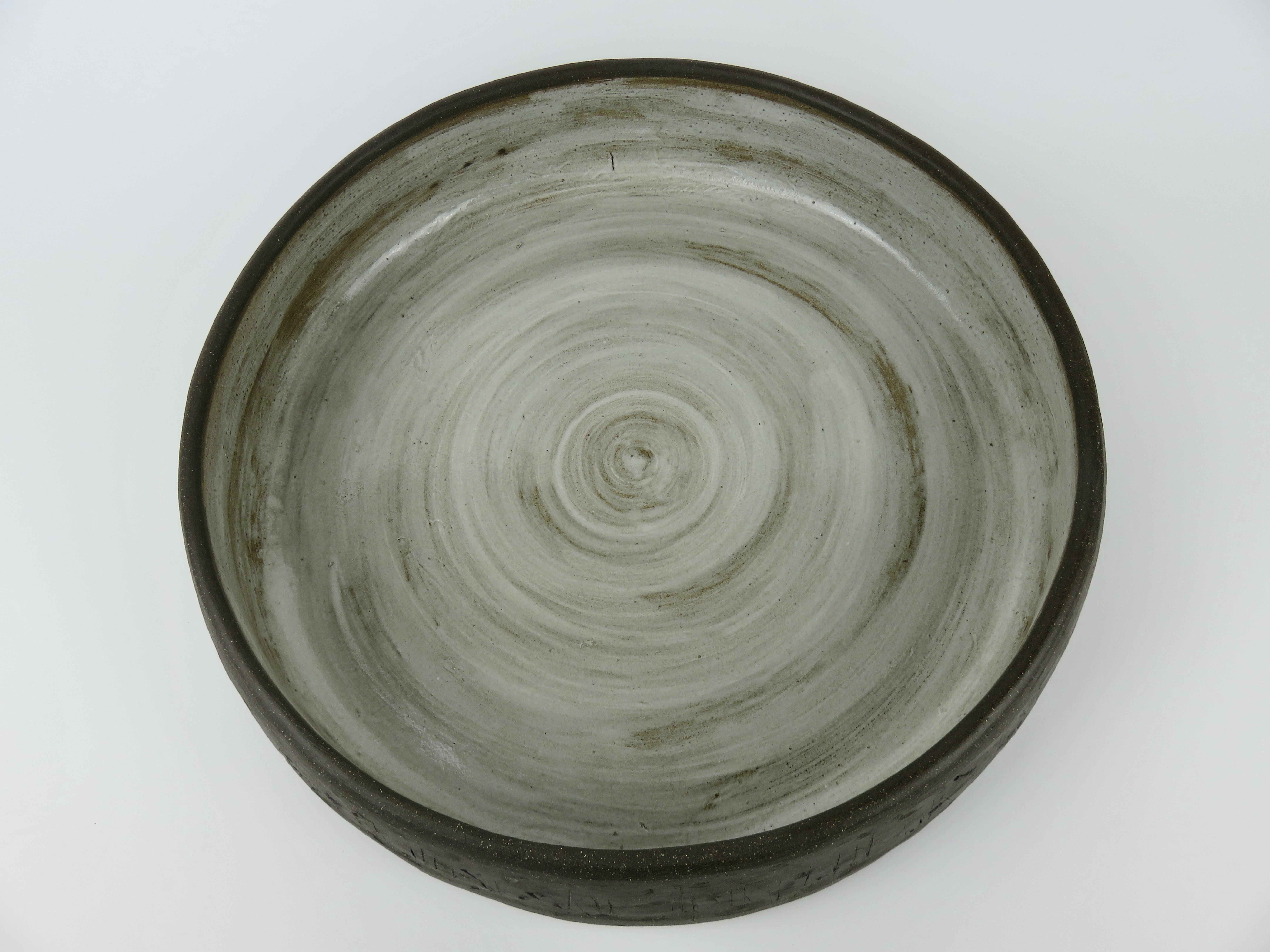American Large Serving Bowl, Carved Bare Brown Clay With White Glaze, Hand Built Ceramic For Sale