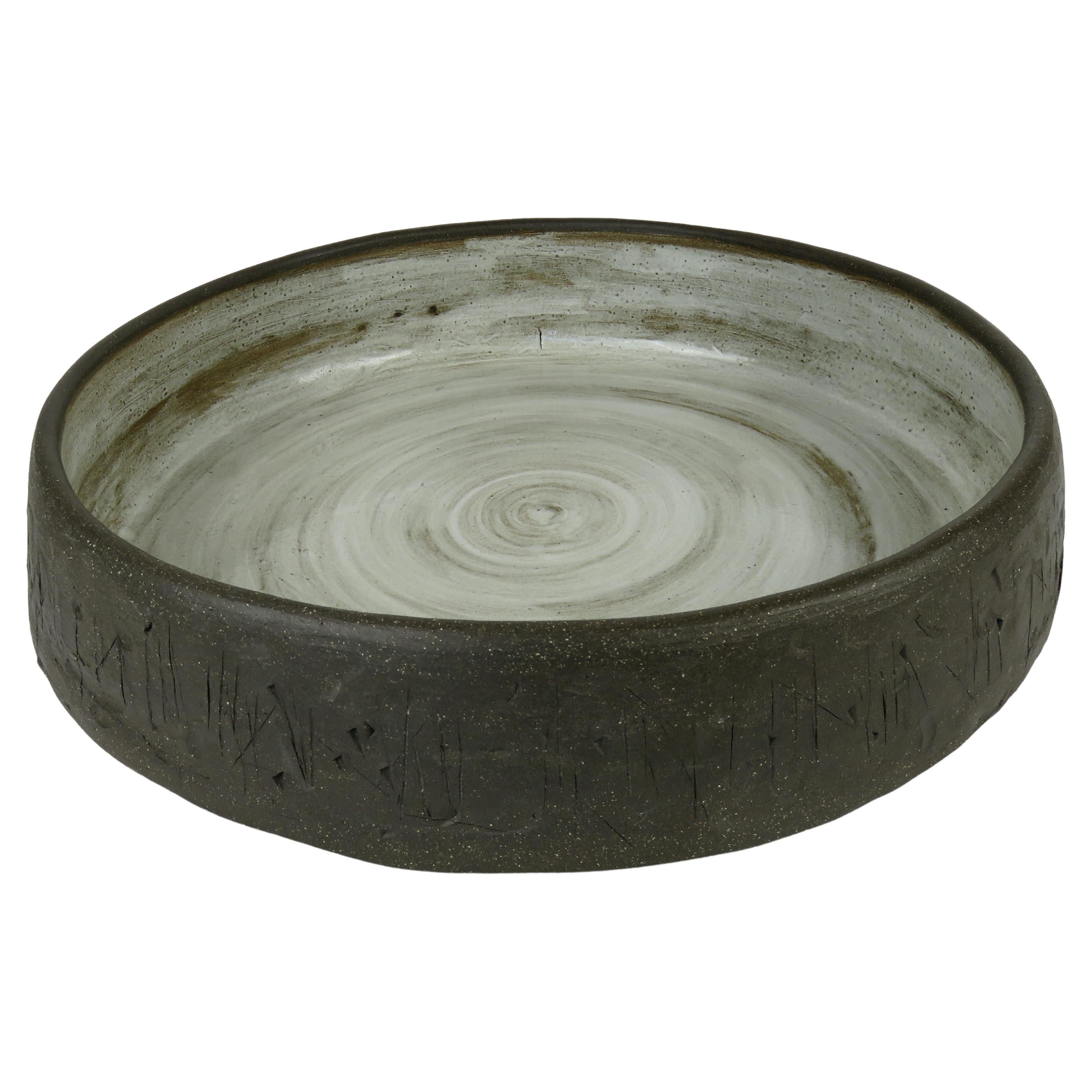 Large Serving Bowl, Carved Bare Brown Clay With White Glaze, Hand Built Ceramic