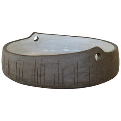 Large Serving Bowl, Carved Brown Clay with Portholes and White Glaze, Hand Built