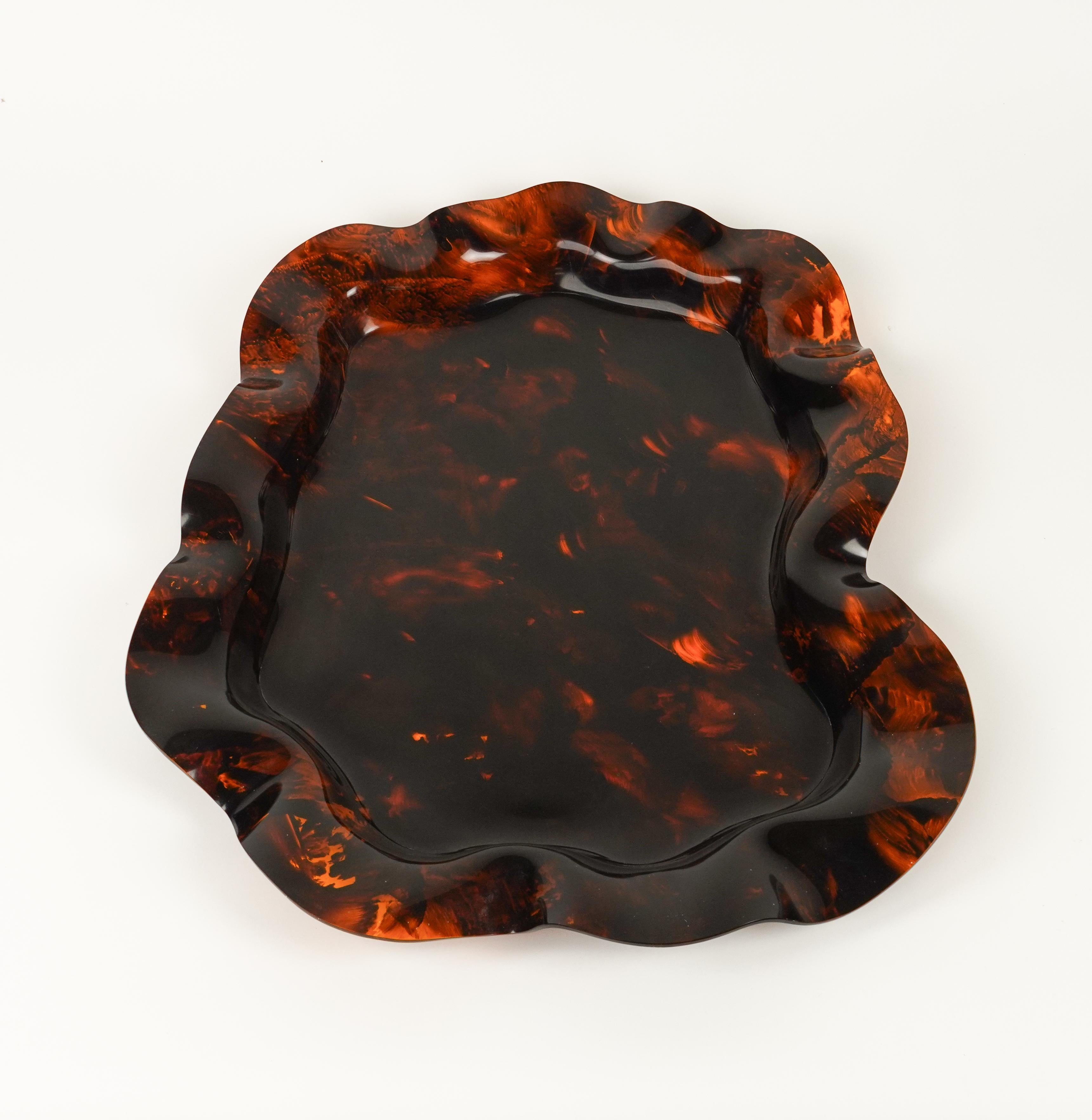 Large Serving Tray or Centerpiece Lucite Faux Tortoiseshell, Italy 1970s For Sale 4