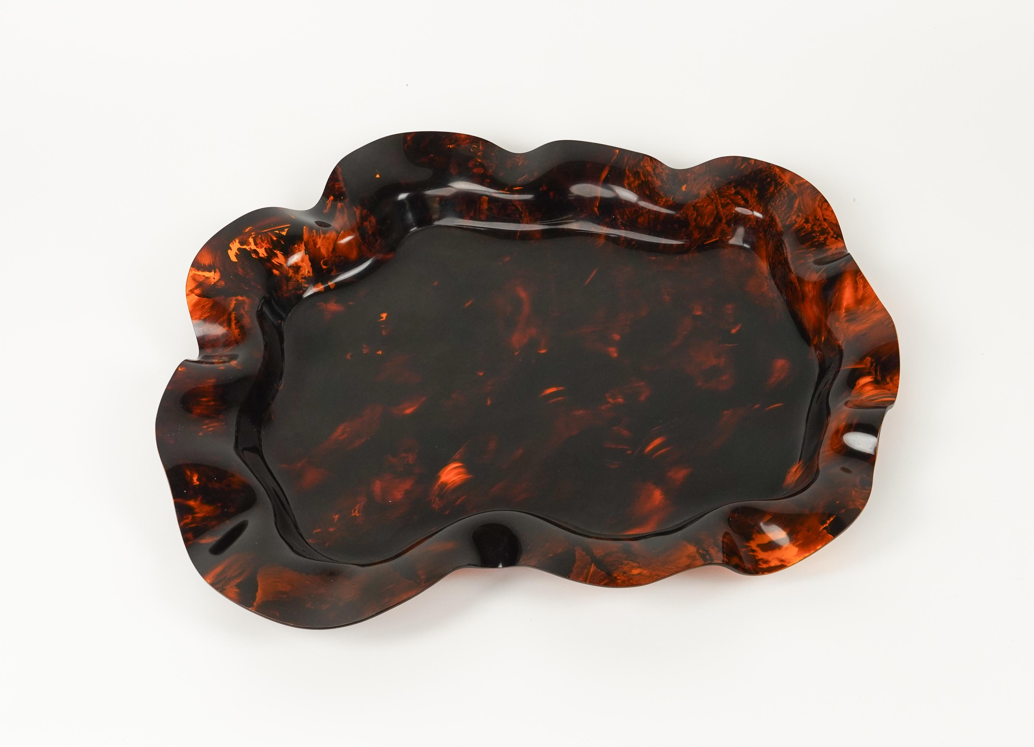 Mid-Century Modern Large Serving Tray or Centerpiece Lucite Faux Tortoiseshell, Italy 1970s For Sale