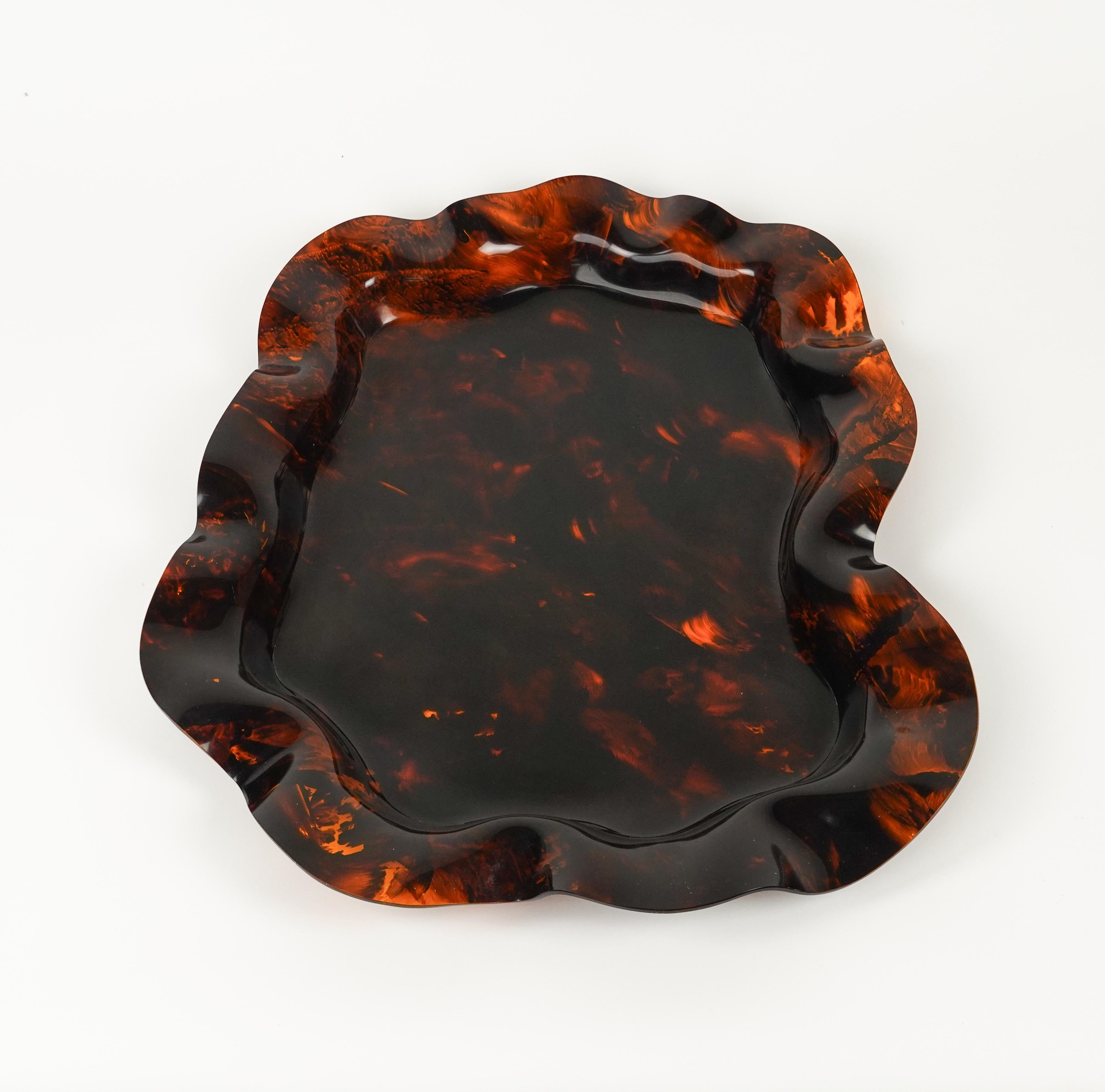 Italian Large Serving Tray or Centerpiece Lucite Faux Tortoiseshell, Italy 1970s For Sale