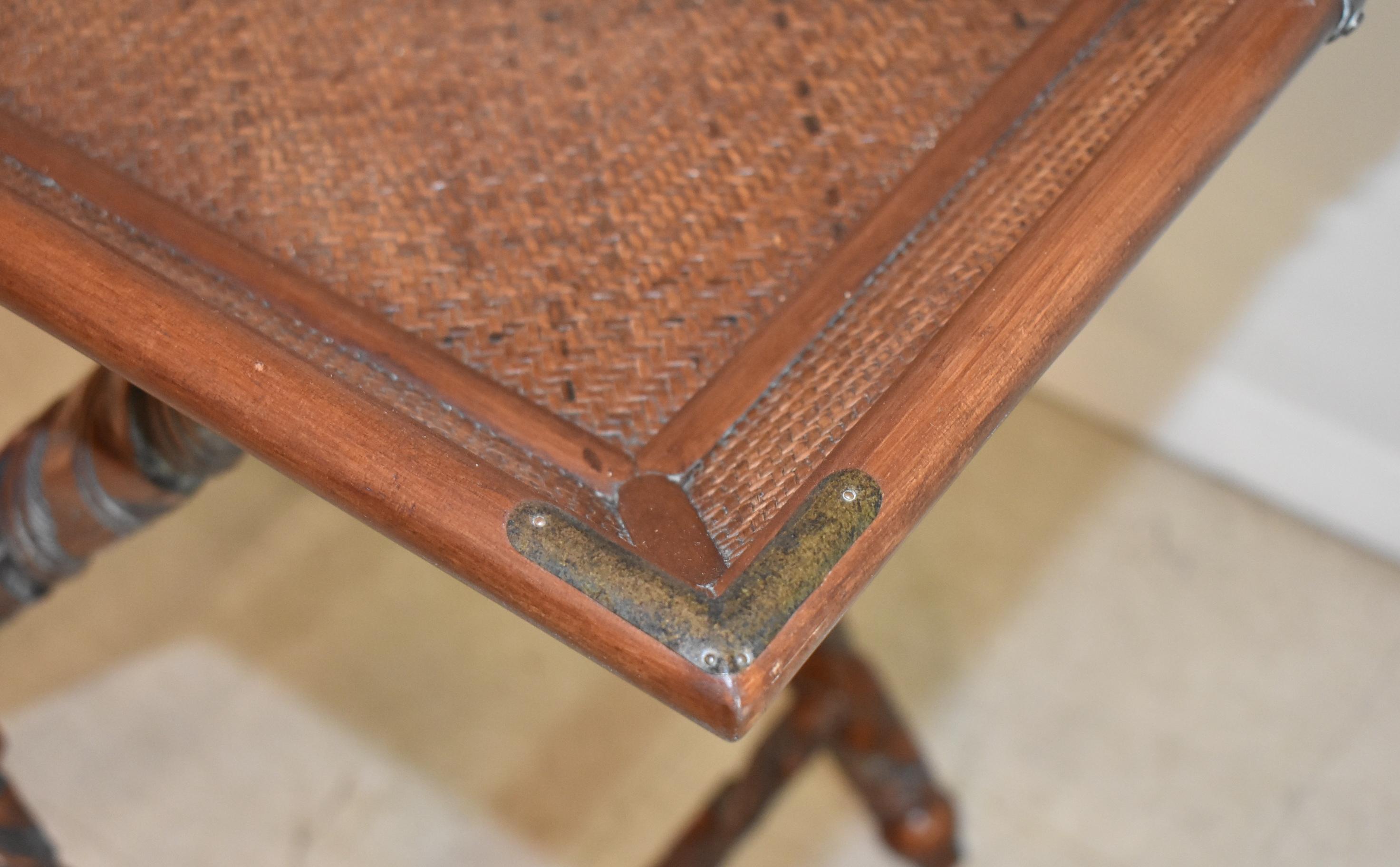 Brass Large Serving Tray Table with Carved Mahogany Stand For Sale