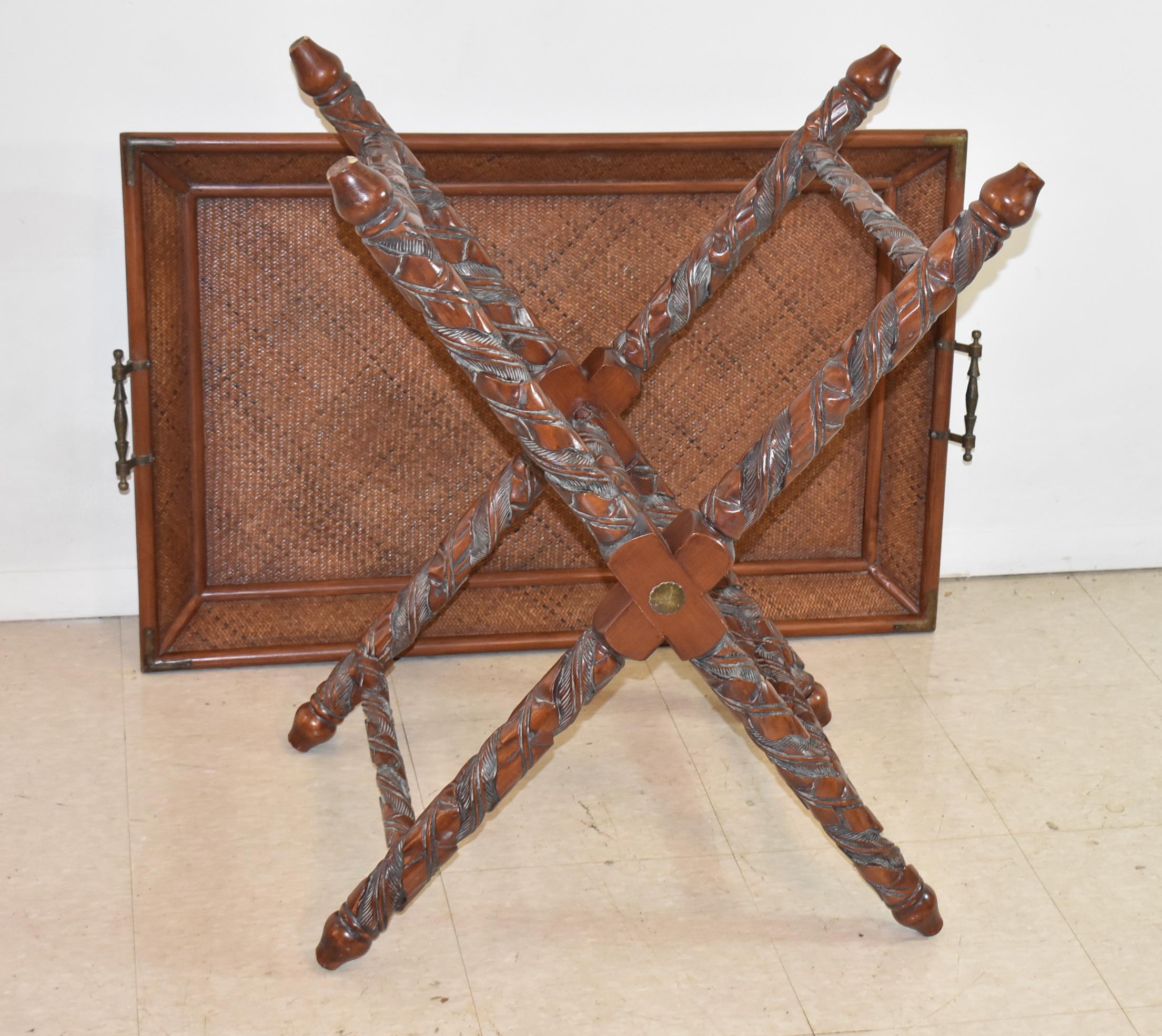 Large Serving Tray Table with Carved Mahogany Stand For Sale 1