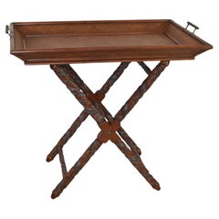 Large Serving Tray Table with Carved Mahogany Stand