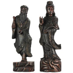 Vintage Large Set circa 1900 Chinese Carved Wood Statues Gilded Immortal & Guanyin