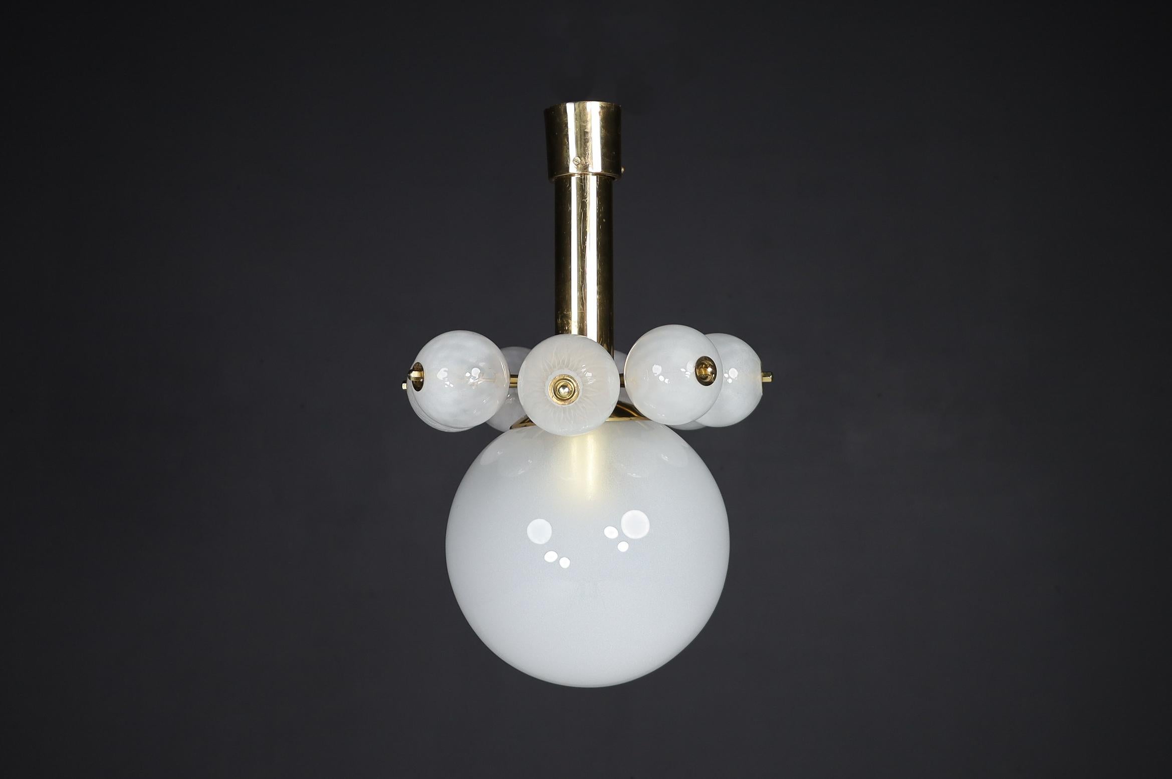 Large Set Chandeliers with Brass Fixture and Hand-Blowed Frosted Glass Globes For Sale 6