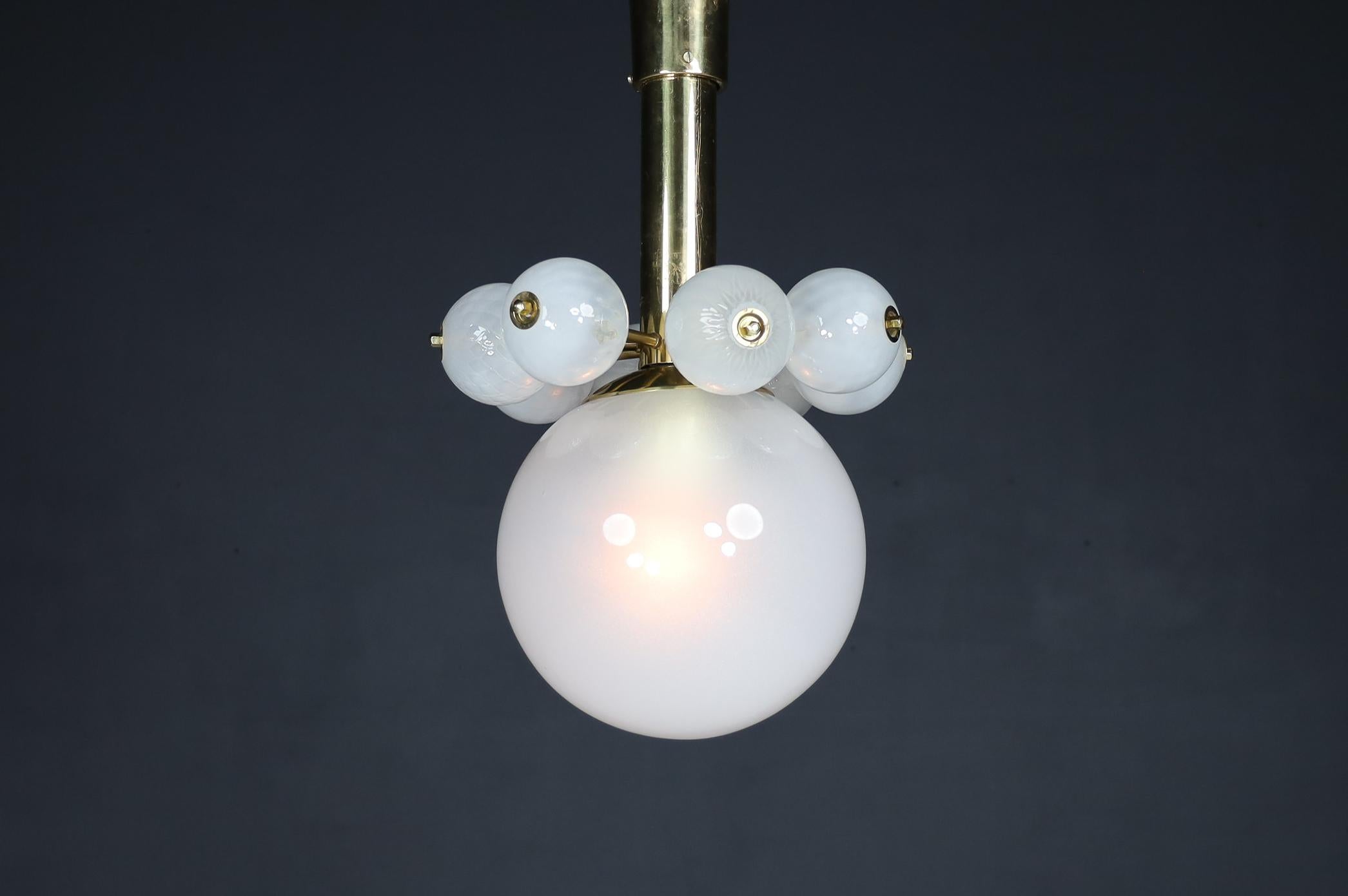 Mid-Century Modern Large Set Chandeliers with Brass Fixture and Hand-Blowed Frosted Glass Globes For Sale