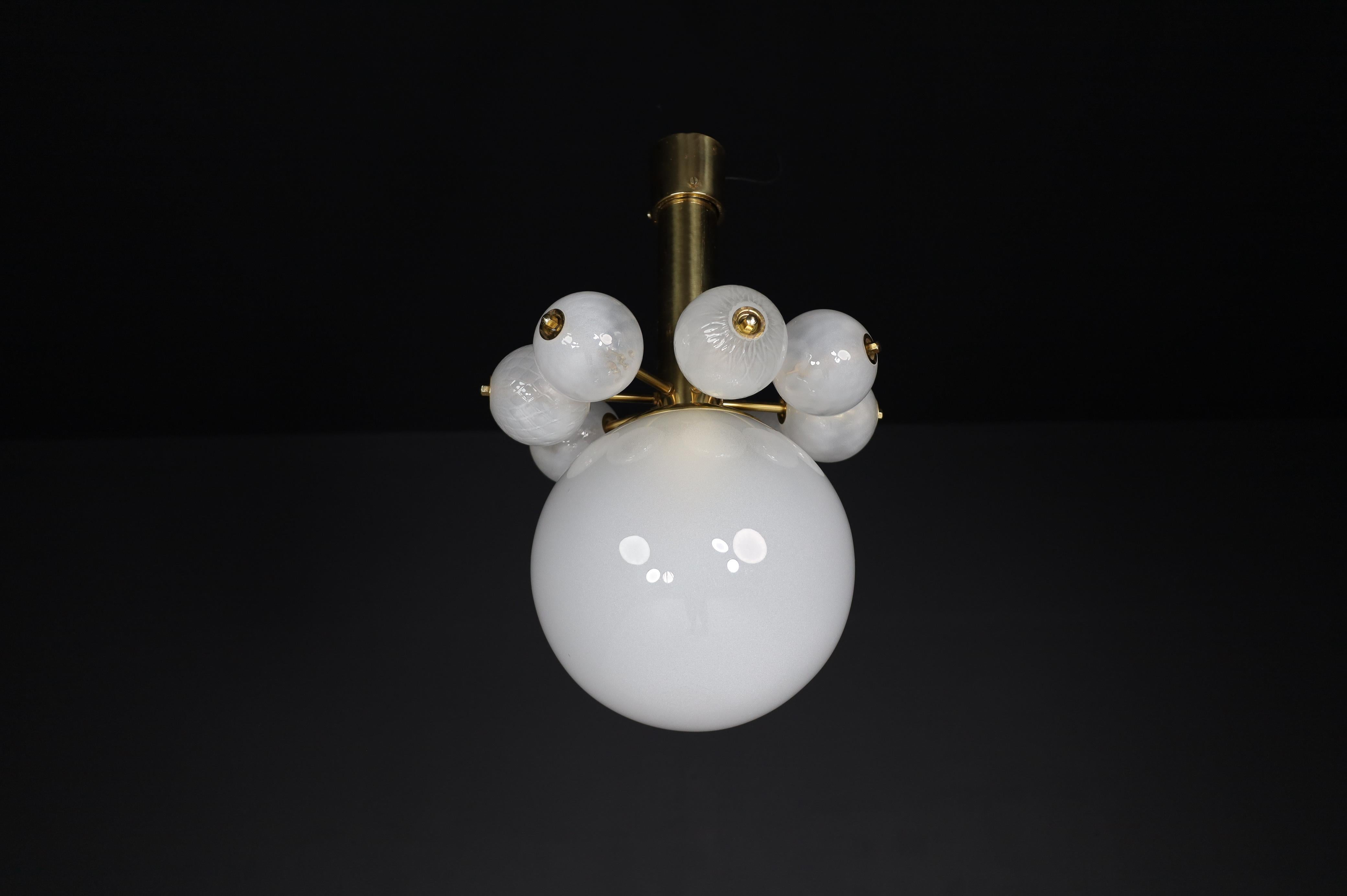 20th Century Large Set Chandeliers with Brass Fixture and Hand-Blowed Frosted Glass Globes For Sale